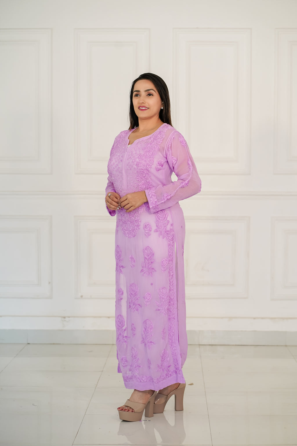 Dark Lavender viscose georgette 3d chikankari and hamdwork
