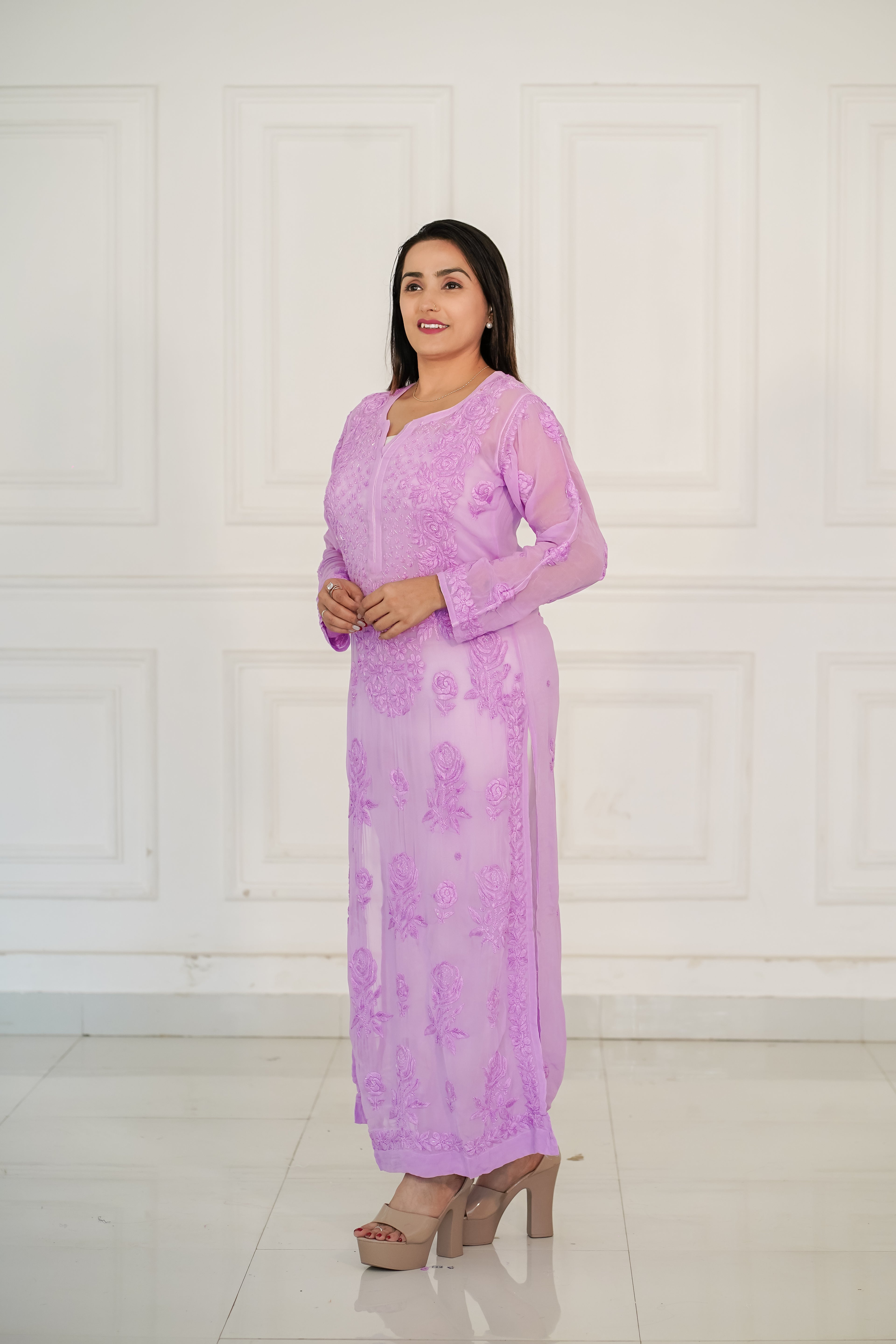 Dark Lavender viscose georgette 3d chikankari and hamdwork