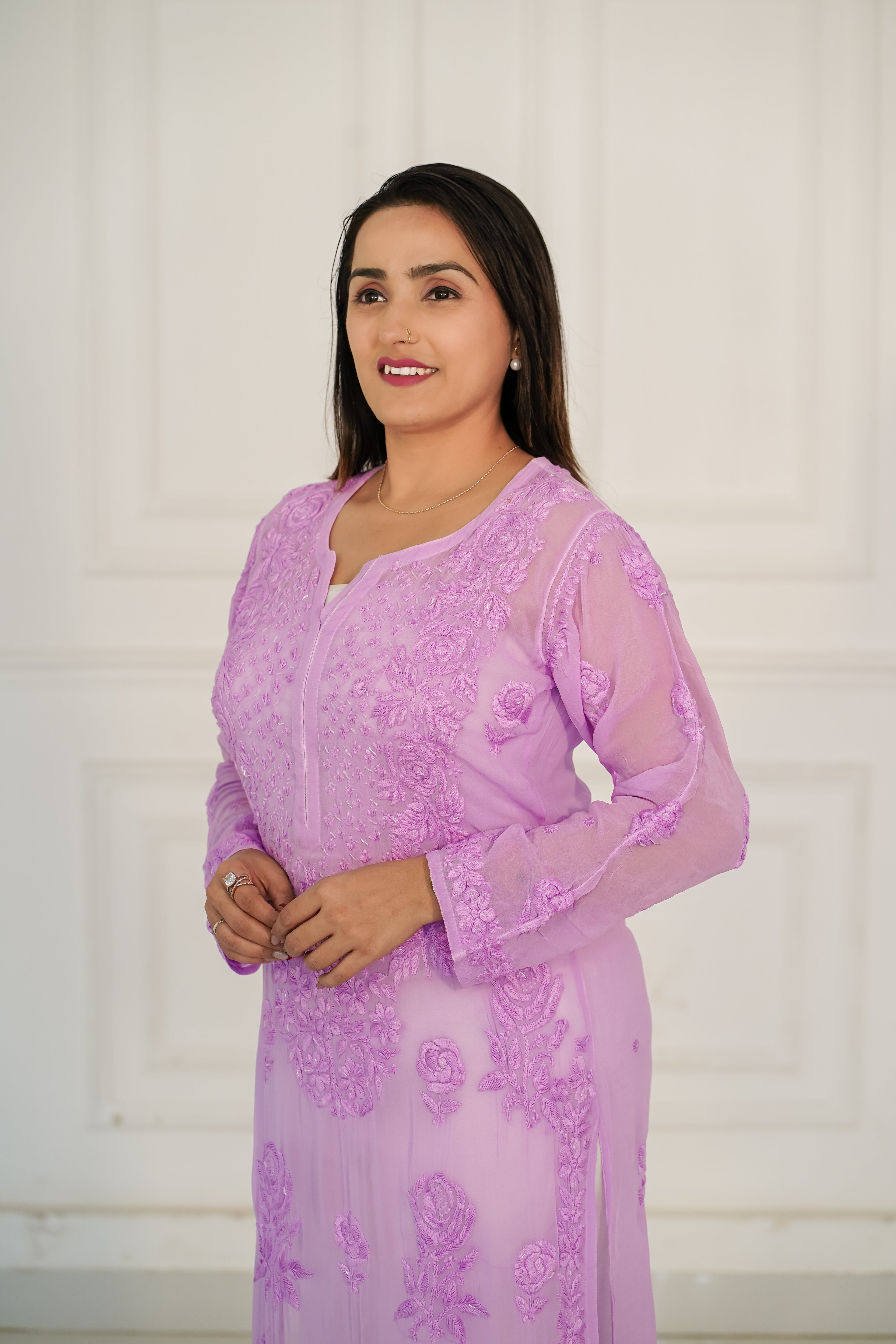 Dark Lavender viscose georgette 3d chikankari and hamdwork