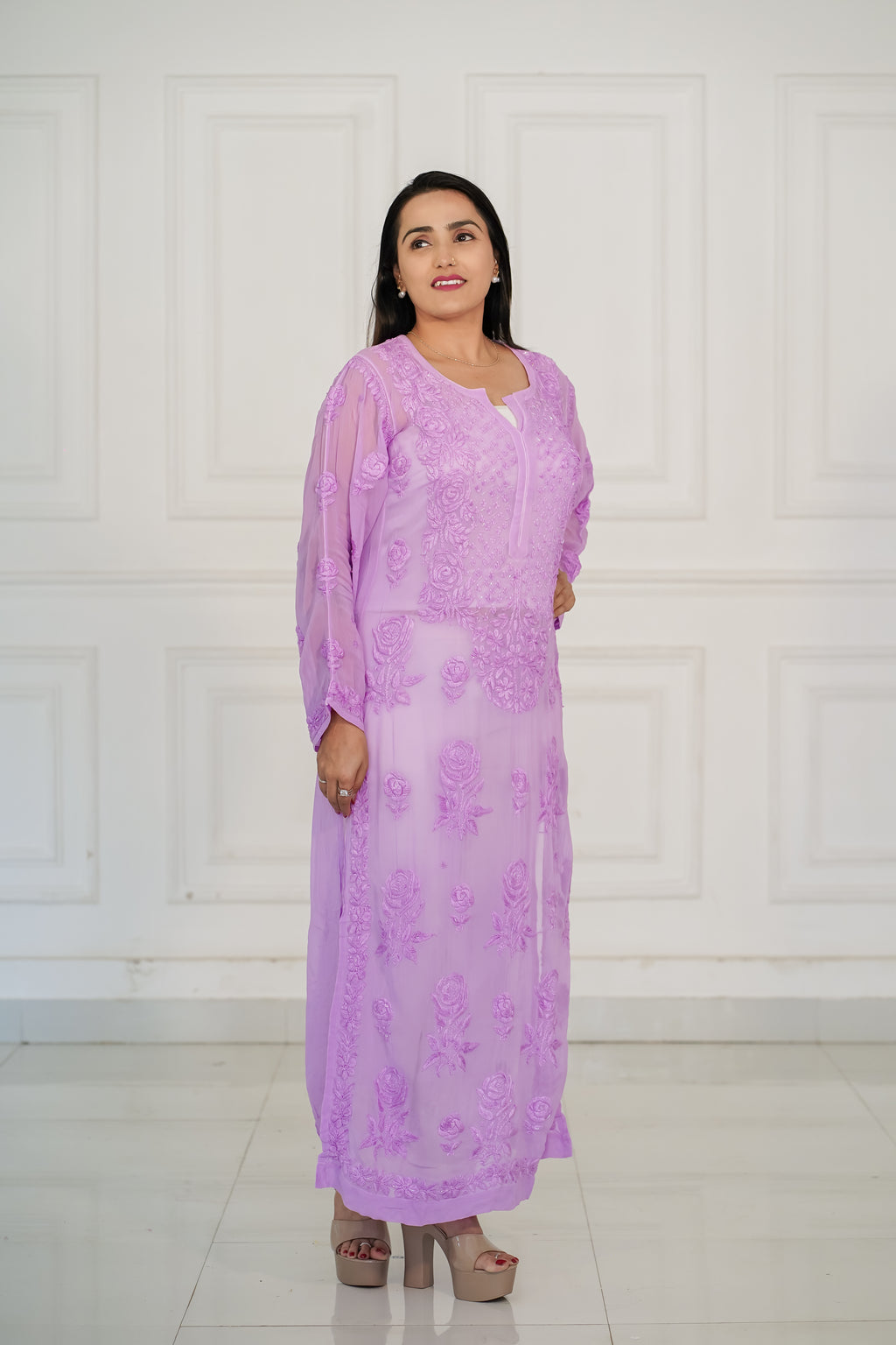 Dark Lavender viscose georgette 3d chikankari and hamdwork