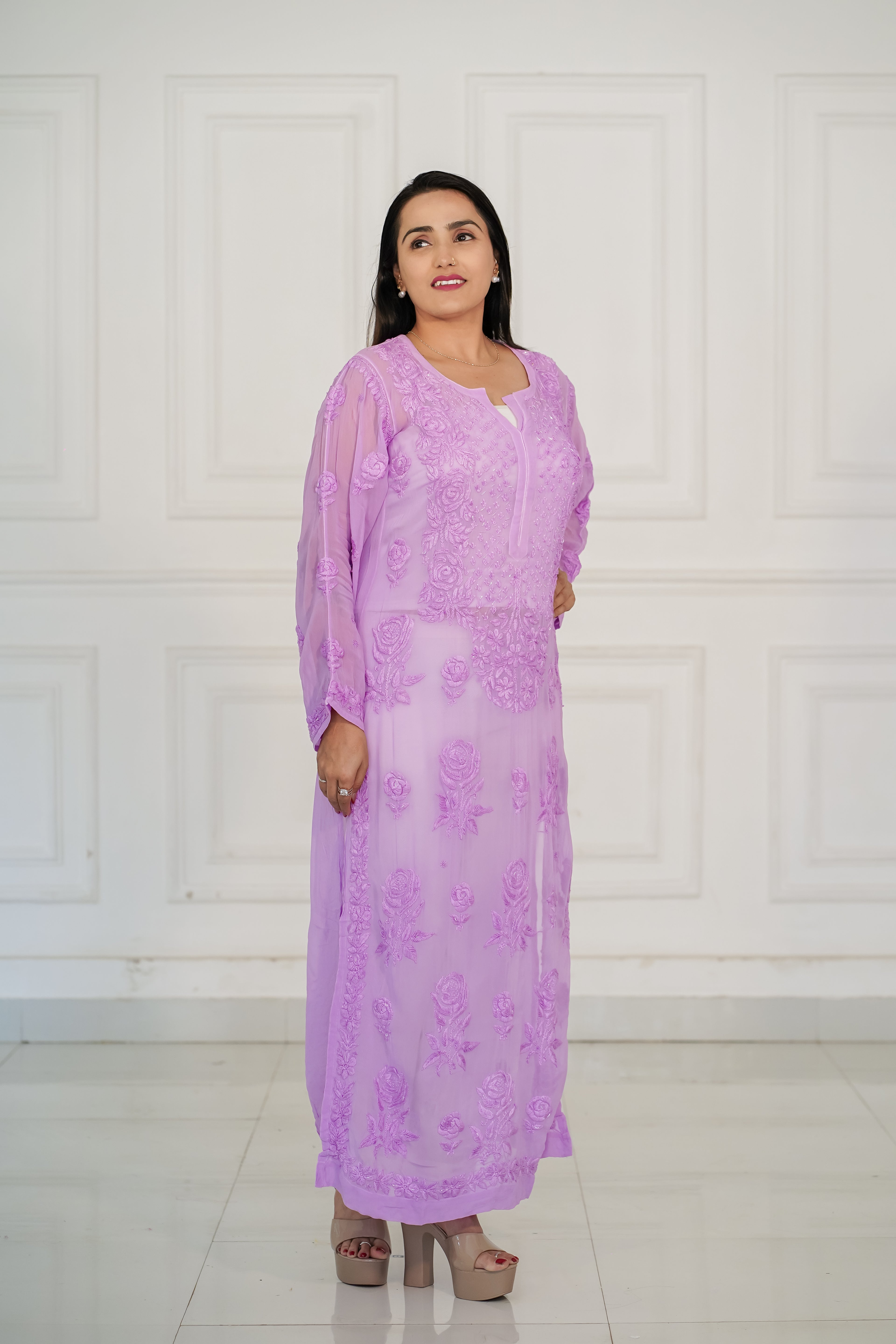 Dark Lavender viscose georgette 3d chikankari and hamdwork