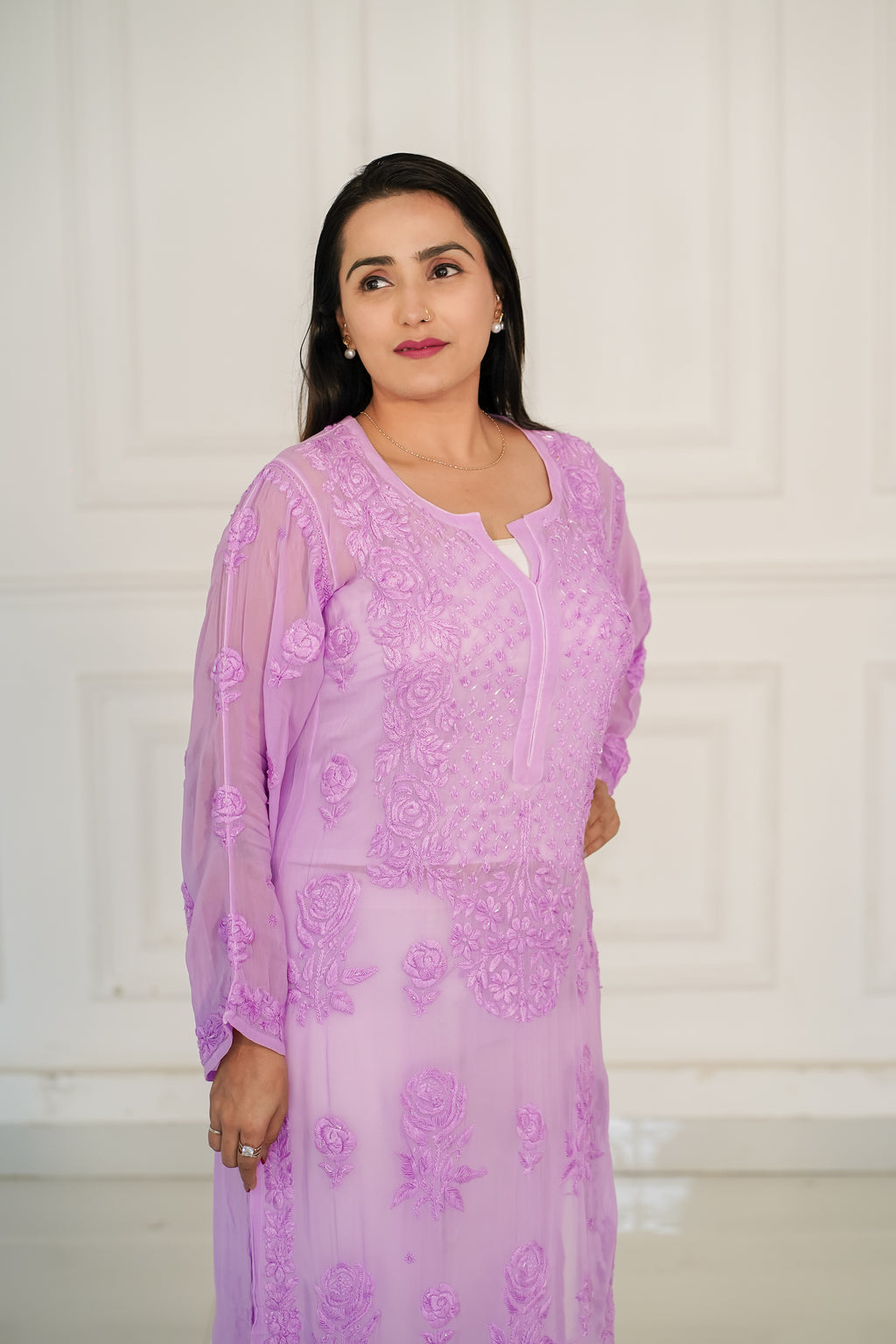 Dark Lavender viscose georgette 3d chikankari and hamdwork