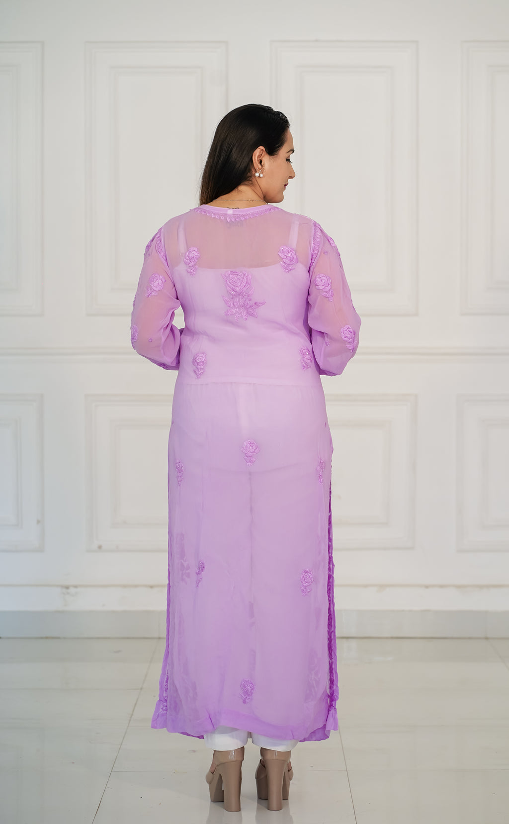 Dark Lavender viscose georgette 3d chikankari and hamdwork