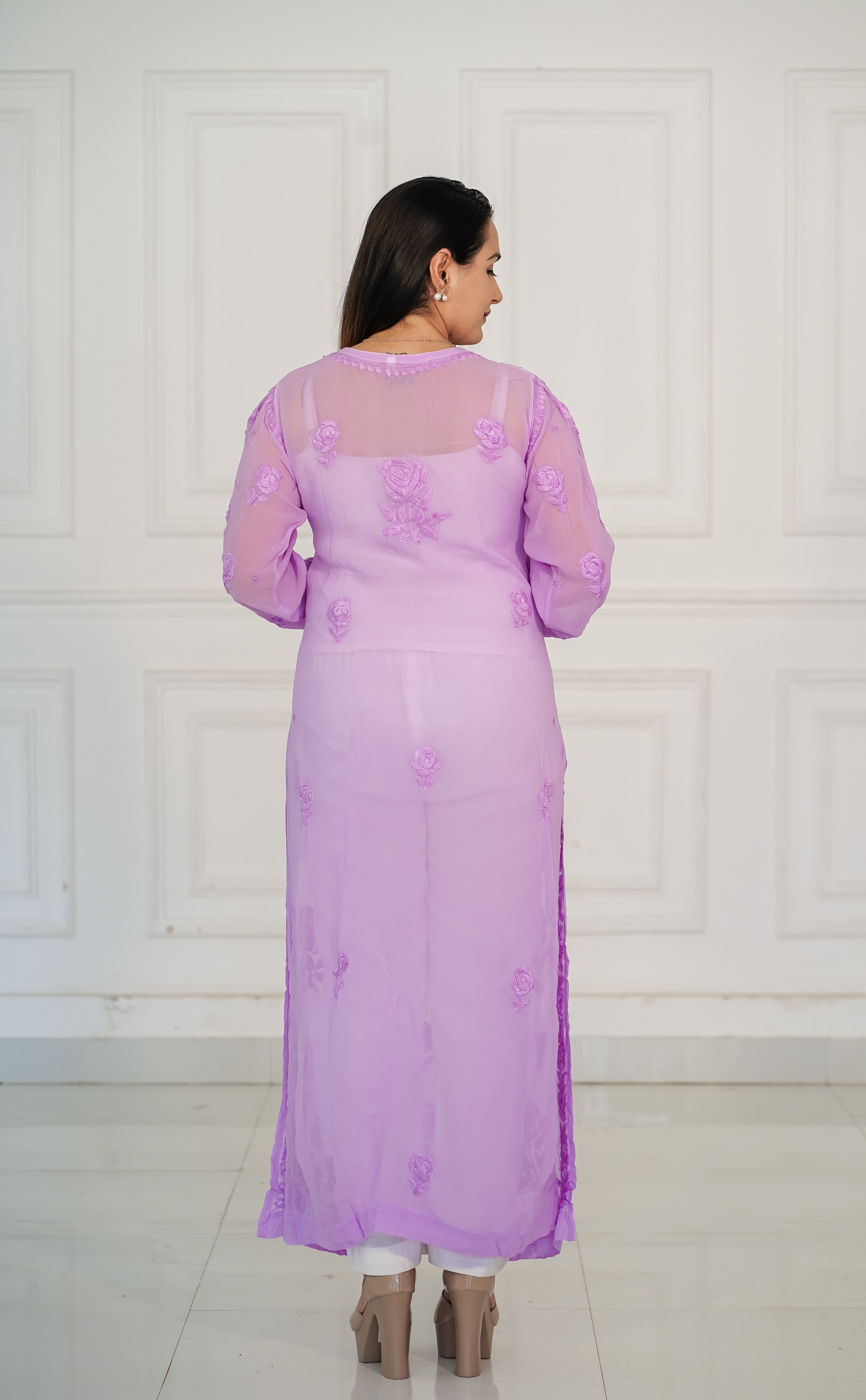 Dark Lavender viscose georgette 3d chikankari and hamdwork