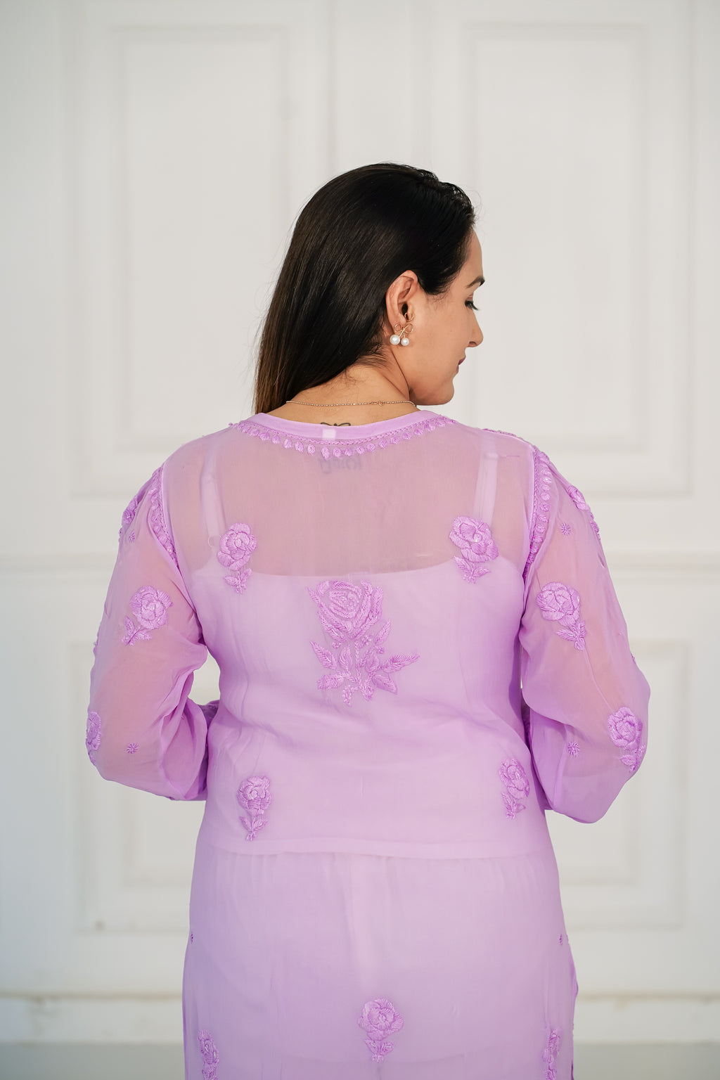 Dark Lavender viscose georgette 3d chikankari and hamdwork