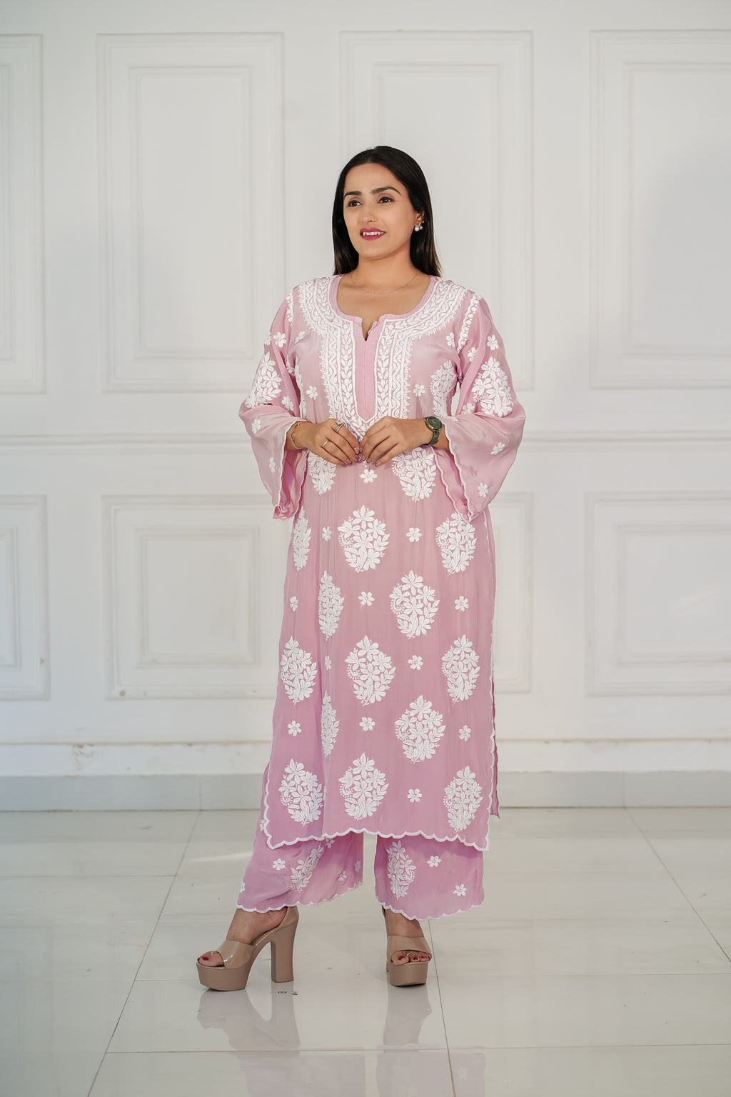 Pure Crepe Light Pink Palazzo Set in 3D Chikankari