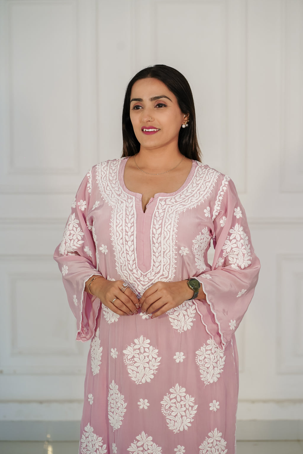 Pure Crepe Light Pink Palazzo Set in 3D Chikankari