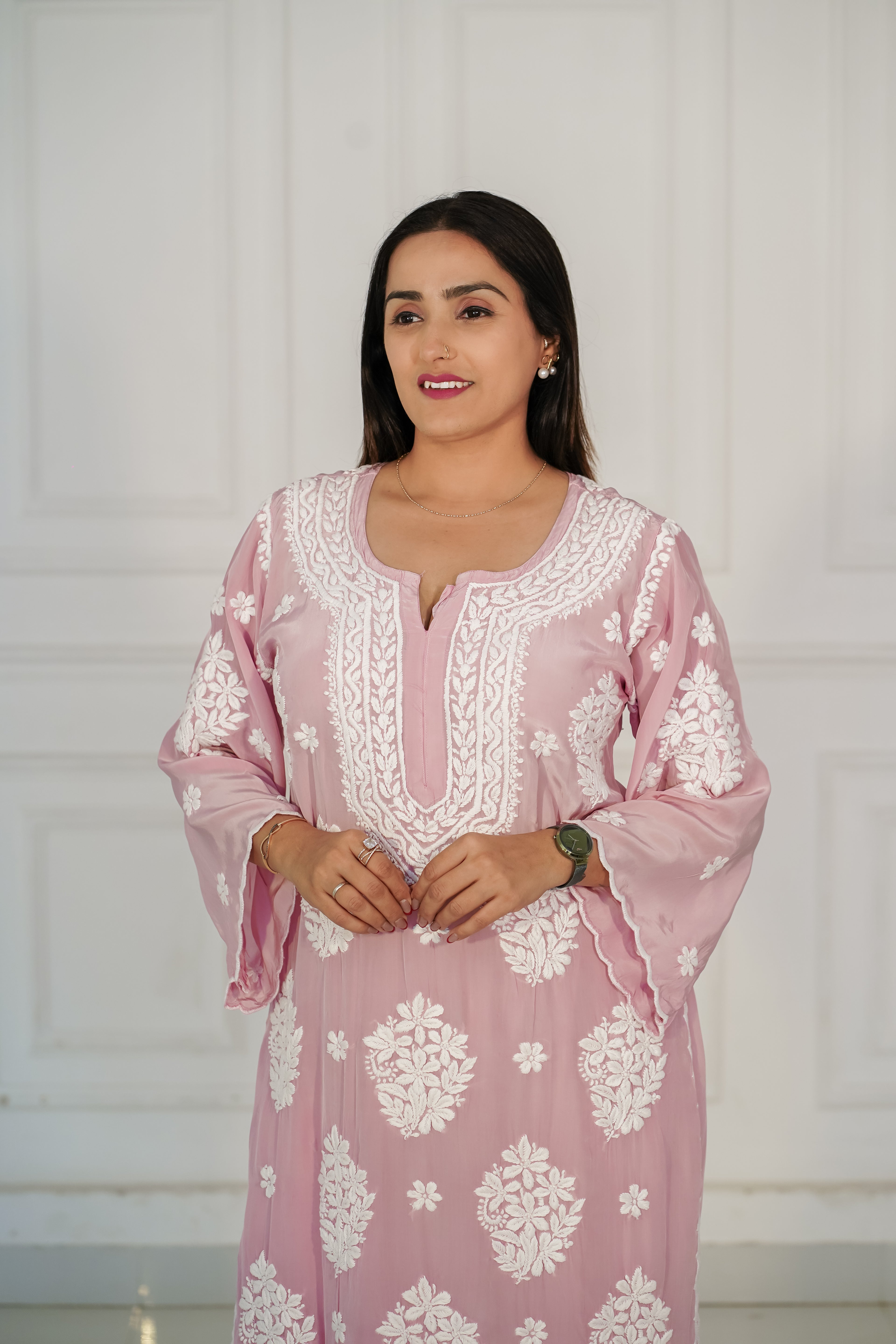 Pure Crepe Light Pink Palazzo Set in 3D Chikankari