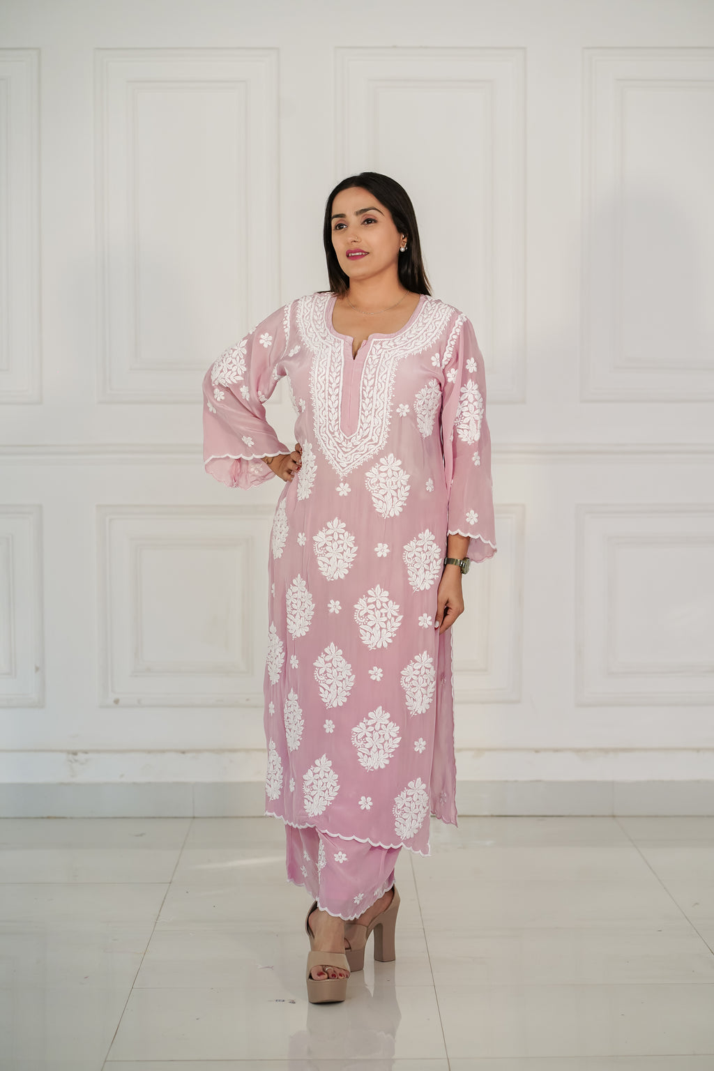 Pure Crepe Light Pink Palazzo Set in 3D Chikankari