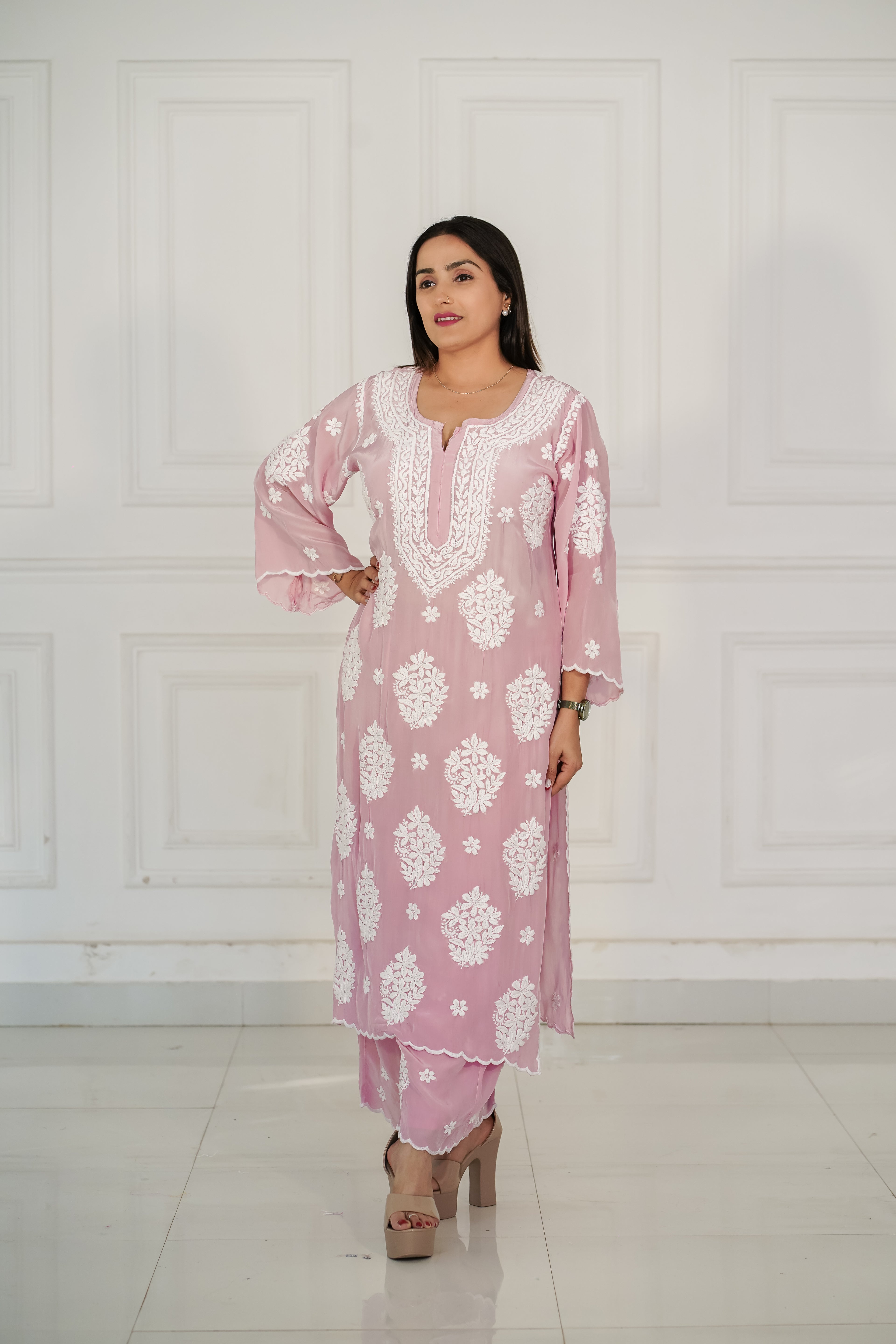 Pure Crepe Light Pink Palazzo Set in 3D Chikankari