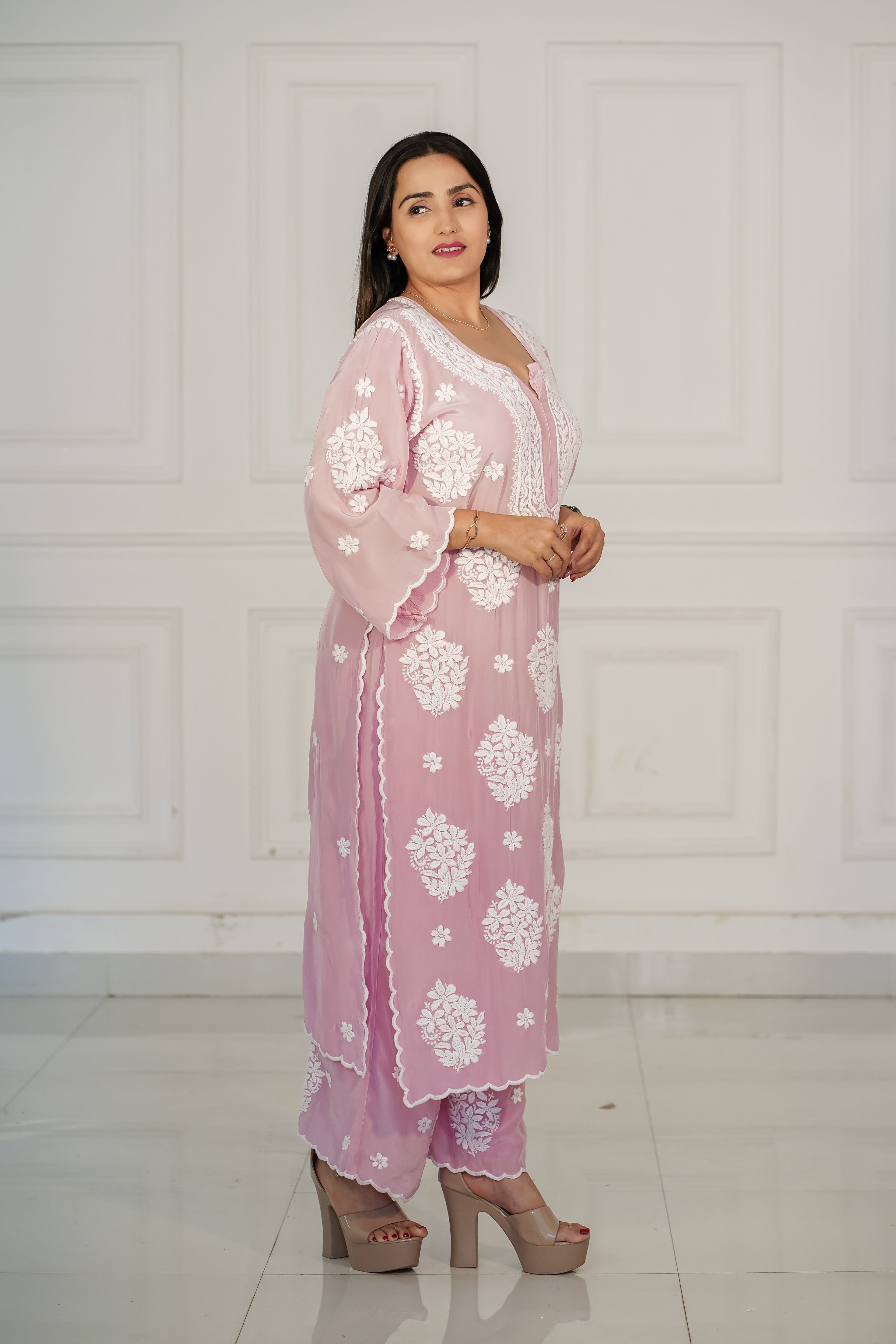 Pure Crepe Light Pink Palazzo Set in 3D Chikankari