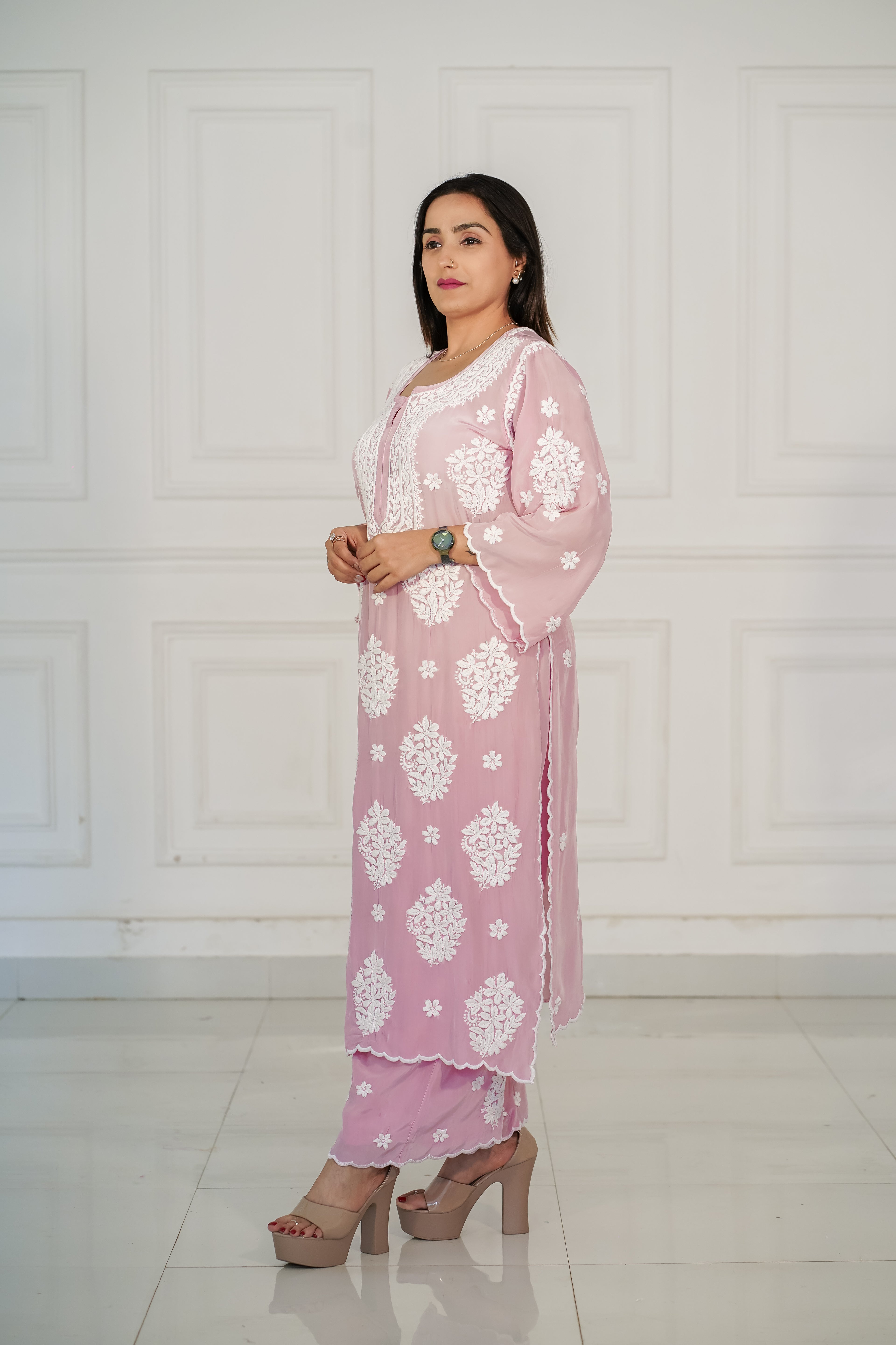 Pure Crepe Light Pink Palazzo Set in 3D Chikankari