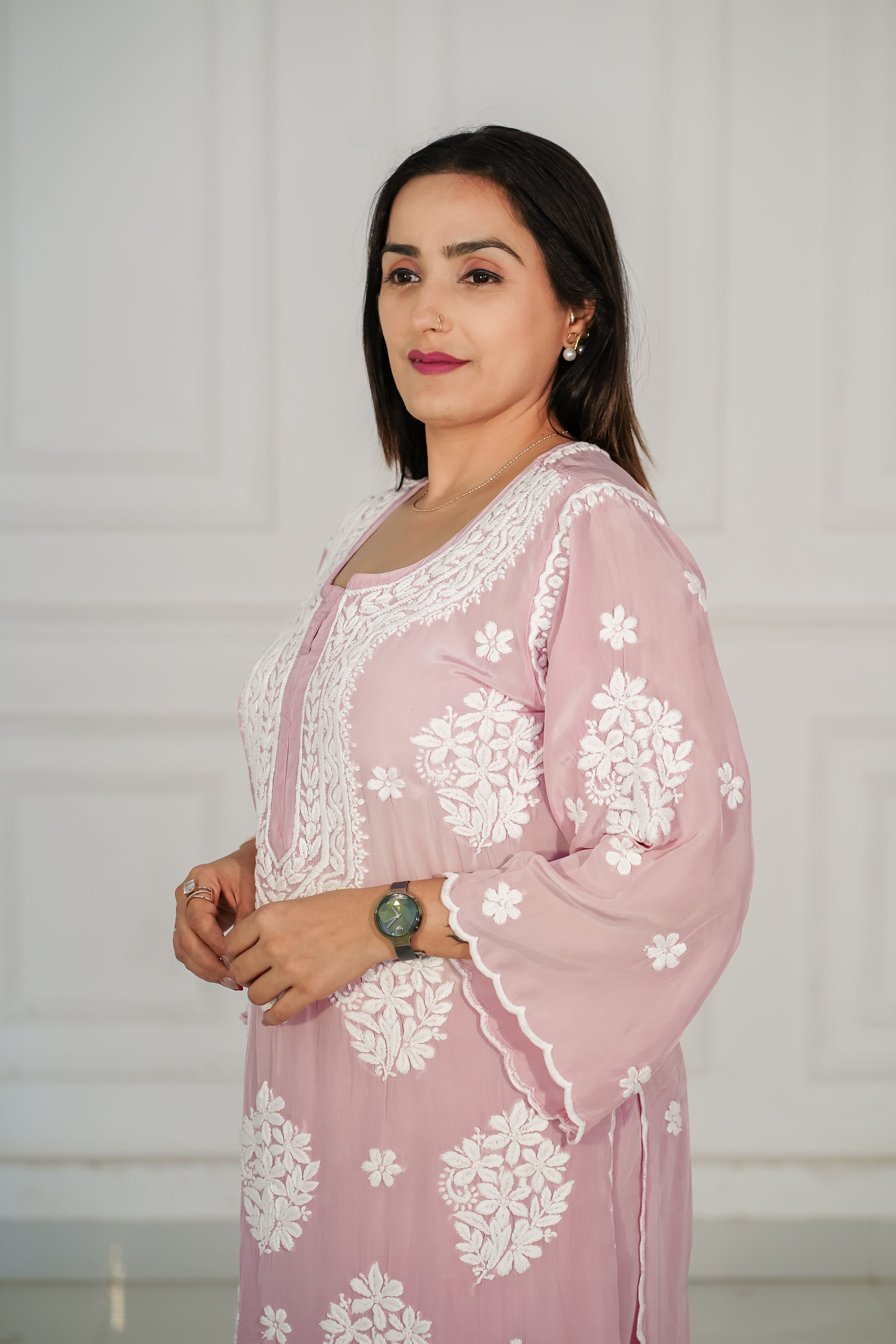 Pure Crepe Light Pink Palazzo Set in 3D Chikankari