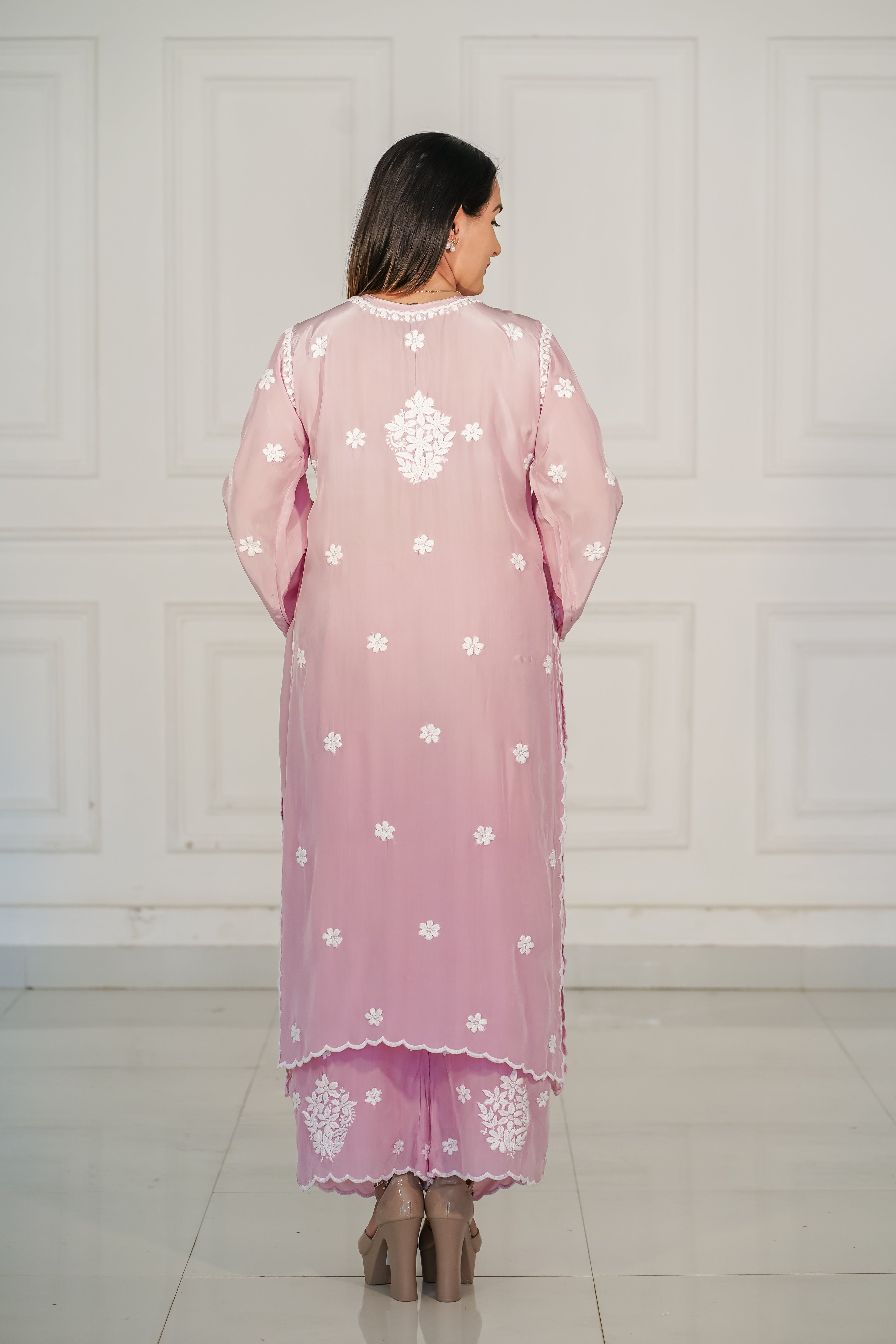 Pure Crepe Light Pink Palazzo Set in 3D Chikankari