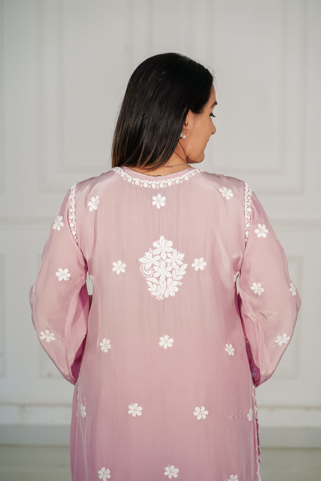 Pure Crepe Light Pink Palazzo Set in 3D Chikankari