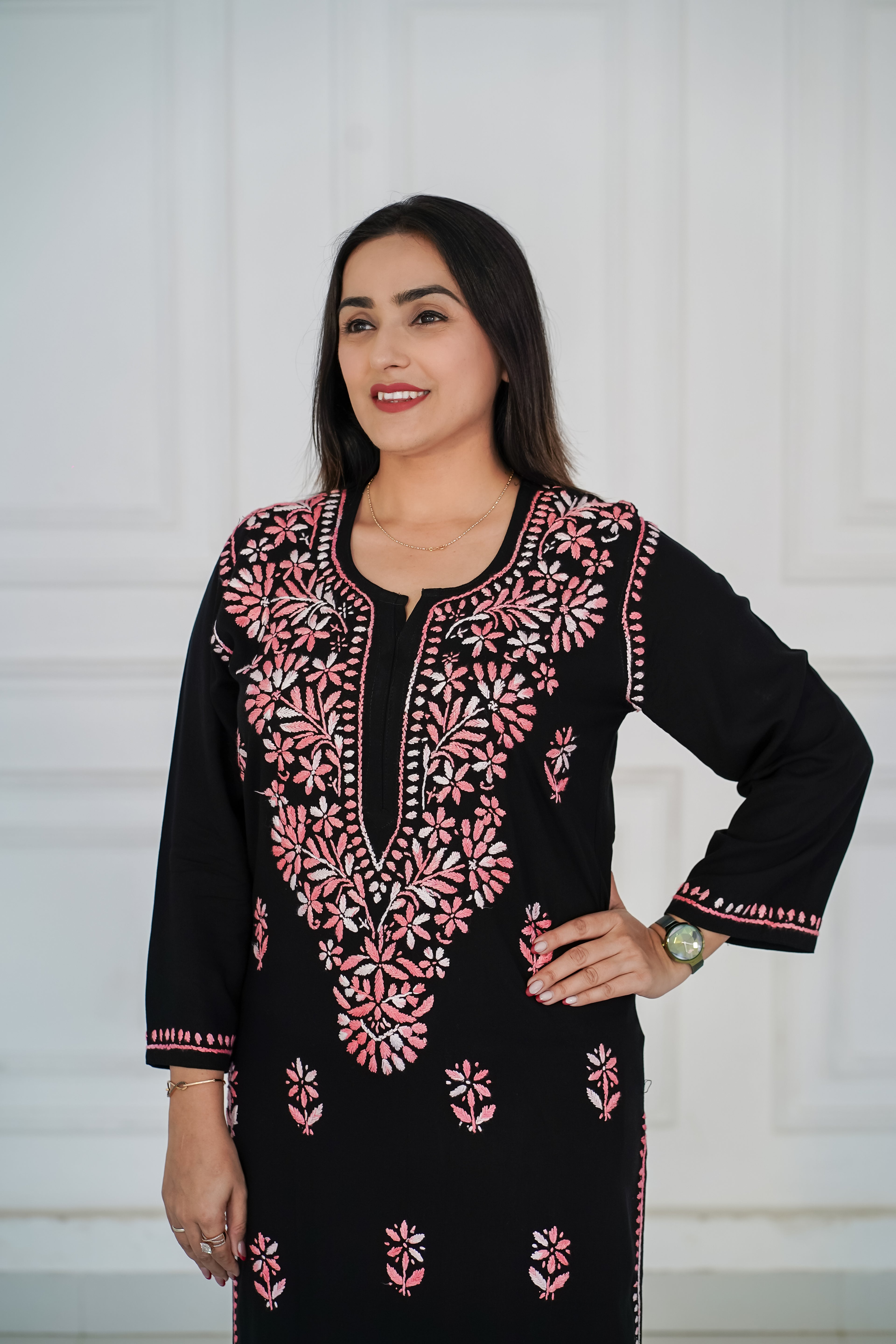 Rayon Black Long Kurti with Pink Chikankari