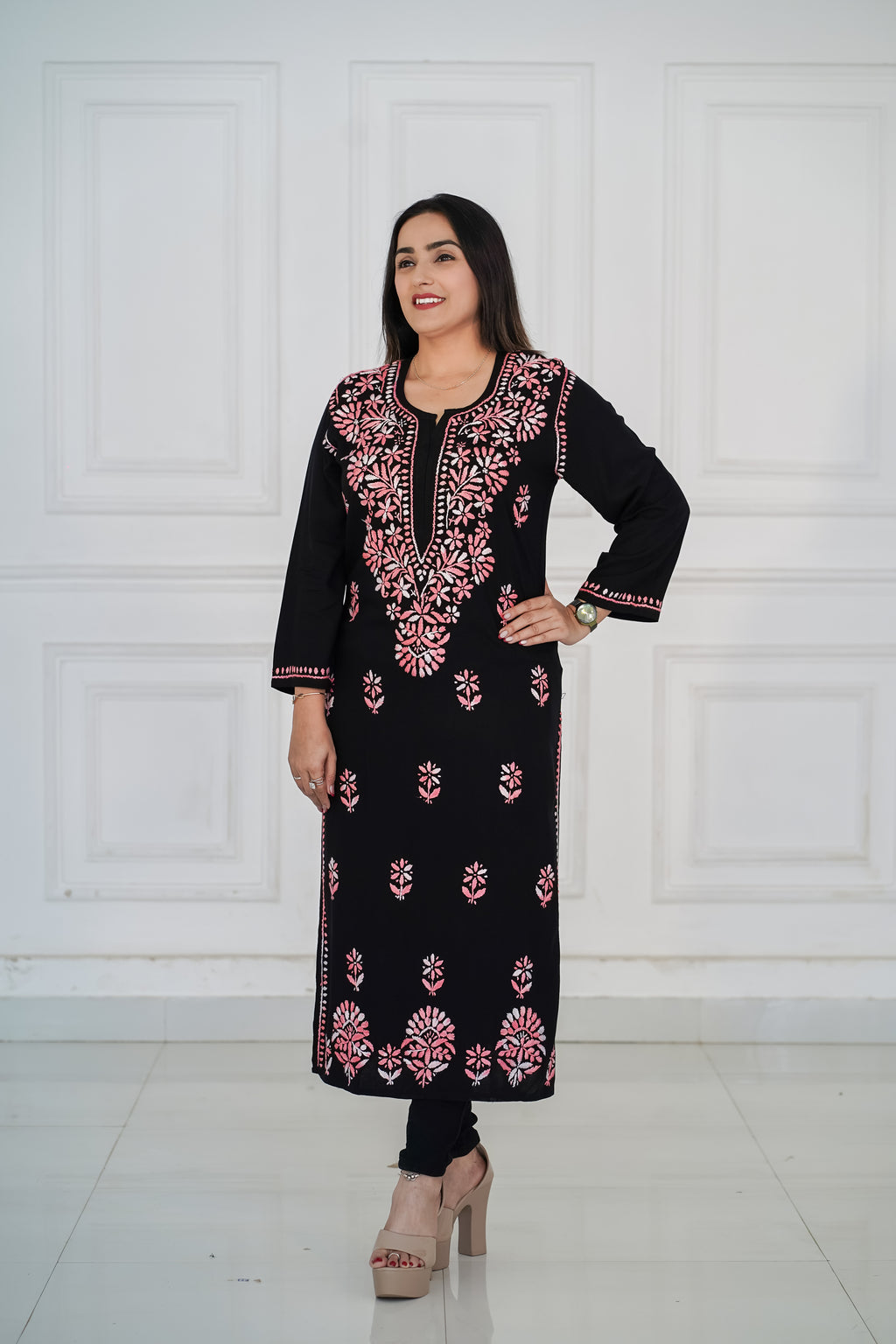 Rayon Black Long Kurti with Pink Chikankari