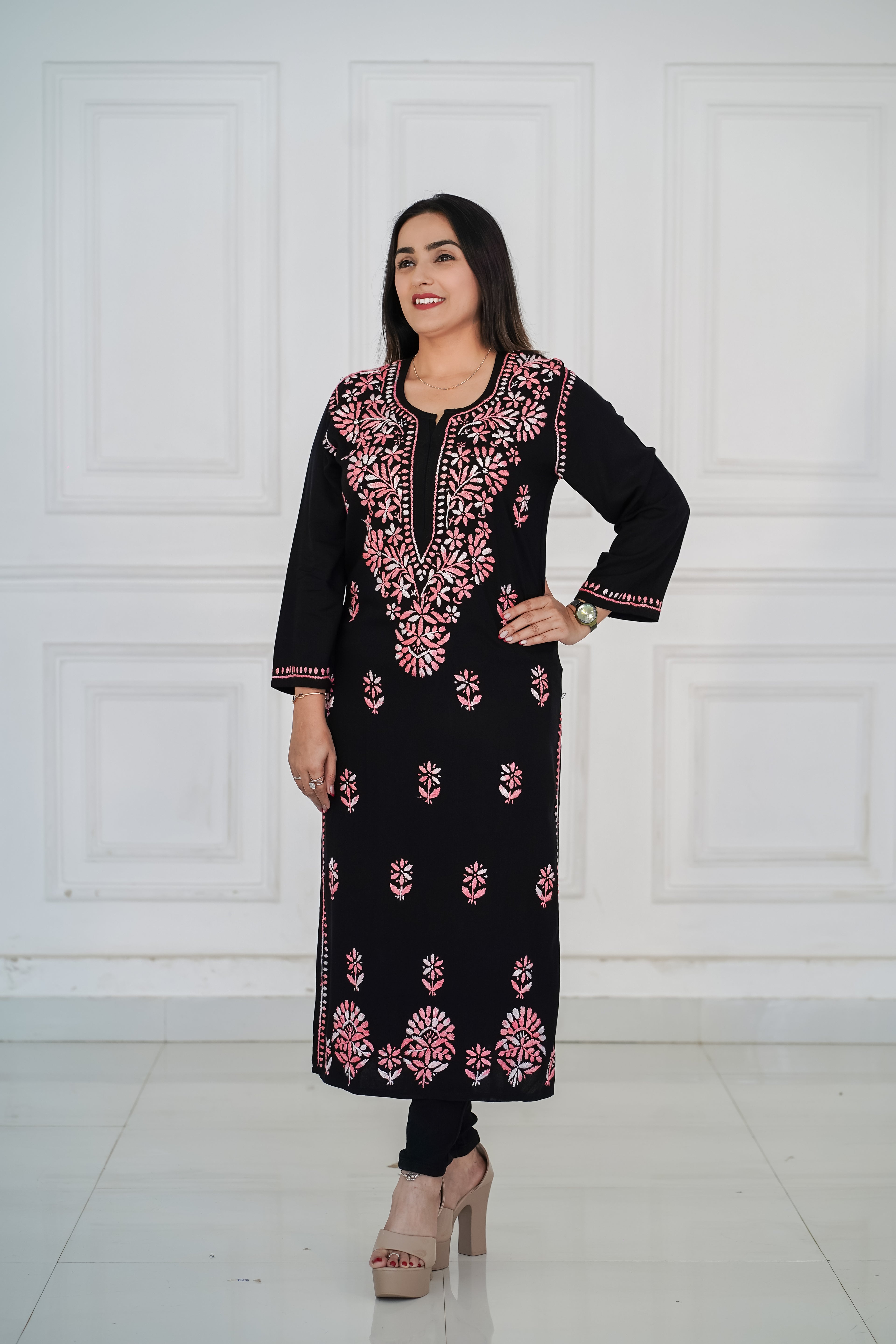 Rayon Black Long Kurti with Pink Chikankari