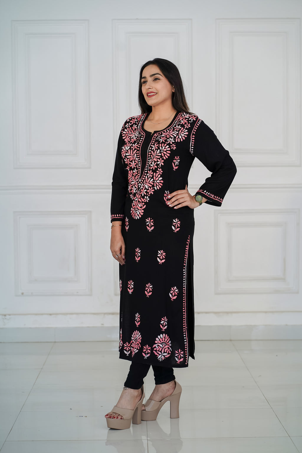 Rayon Black Long Kurti with Pink Chikankari
