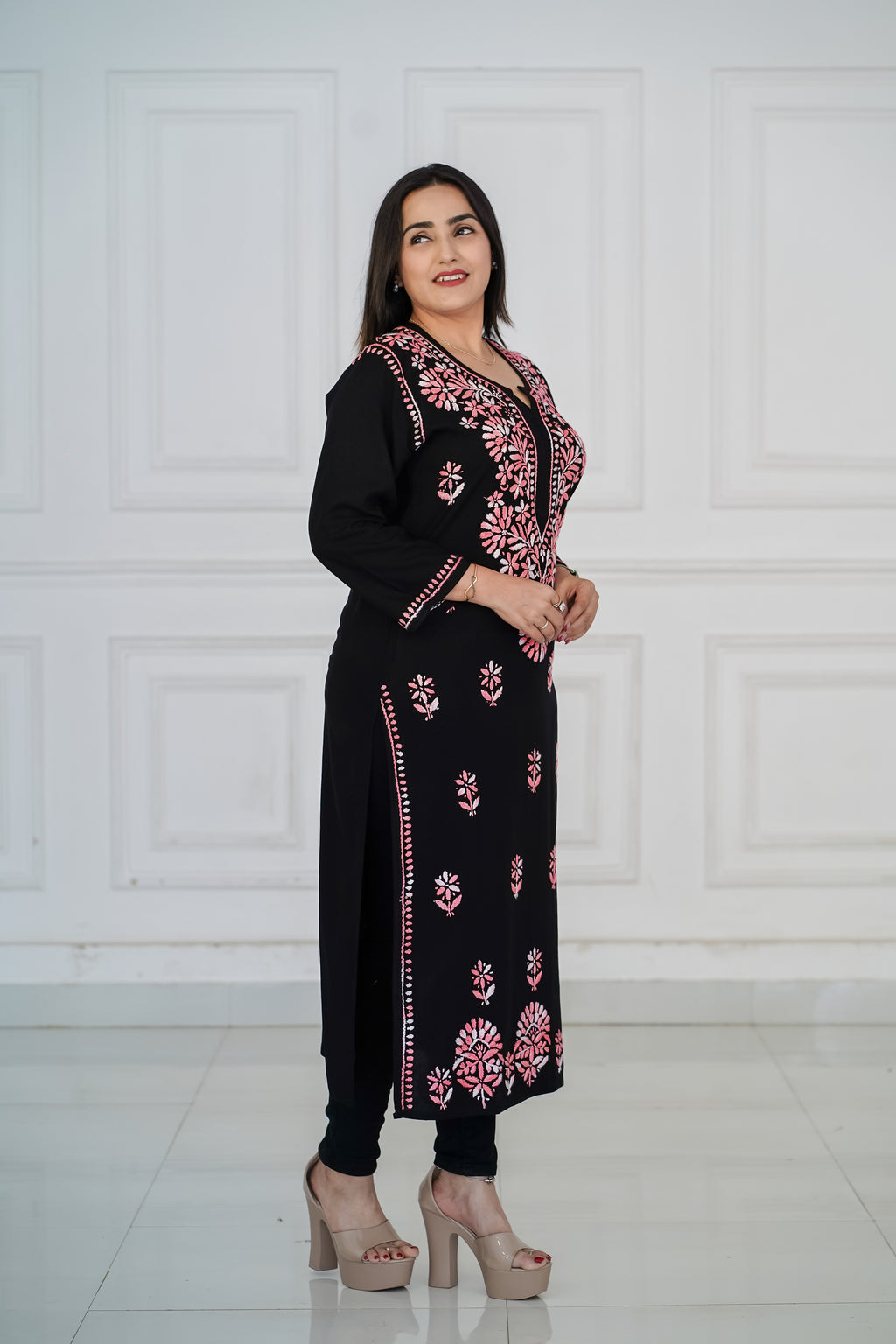 Rayon Black Long Kurti with Pink Chikankari