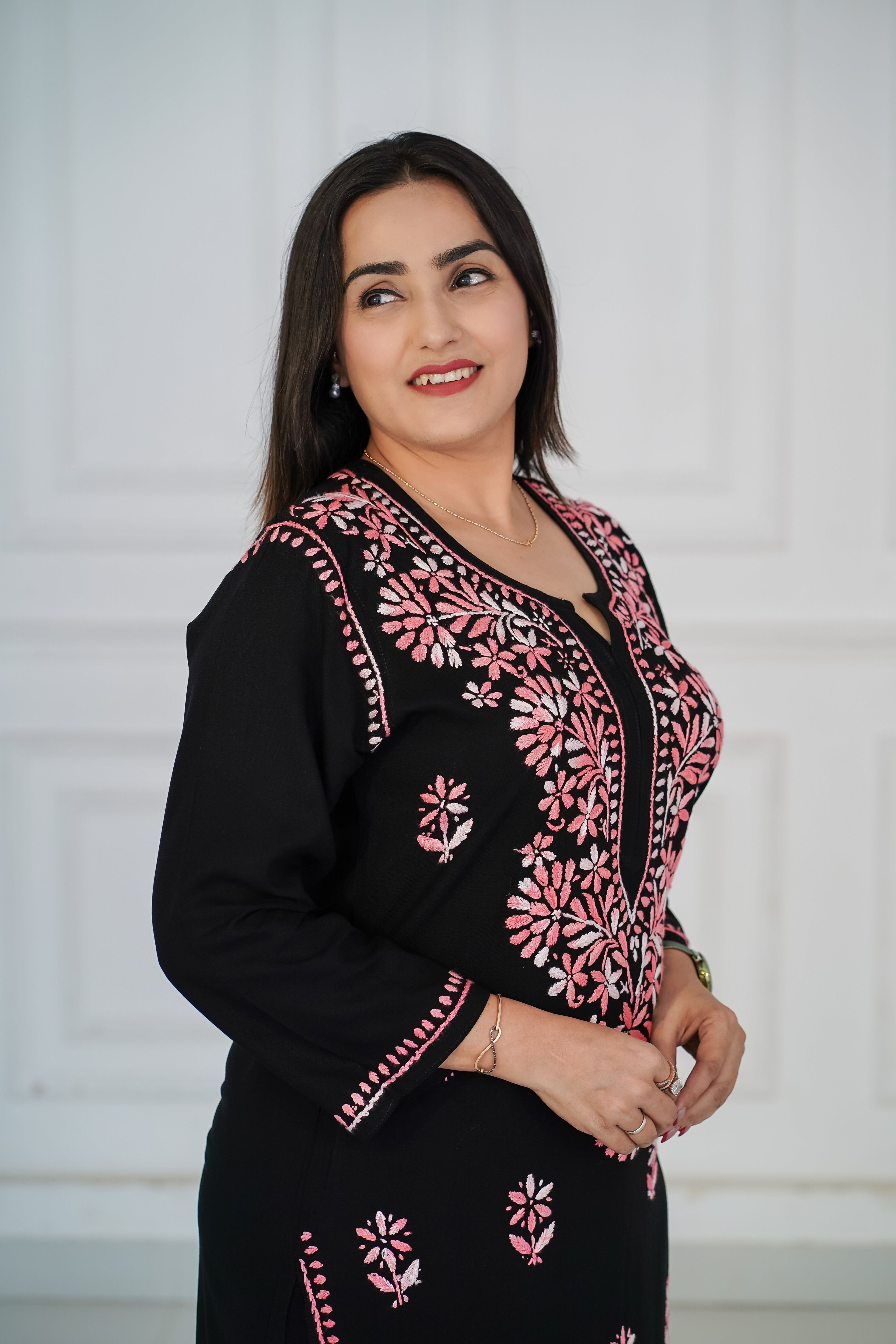 Rayon Black Long Kurti with Pink Chikankari