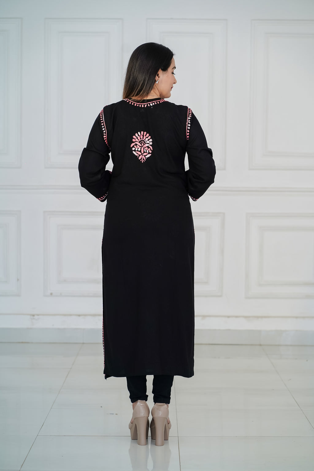 Rayon Black Long Kurti with Pink Chikankari