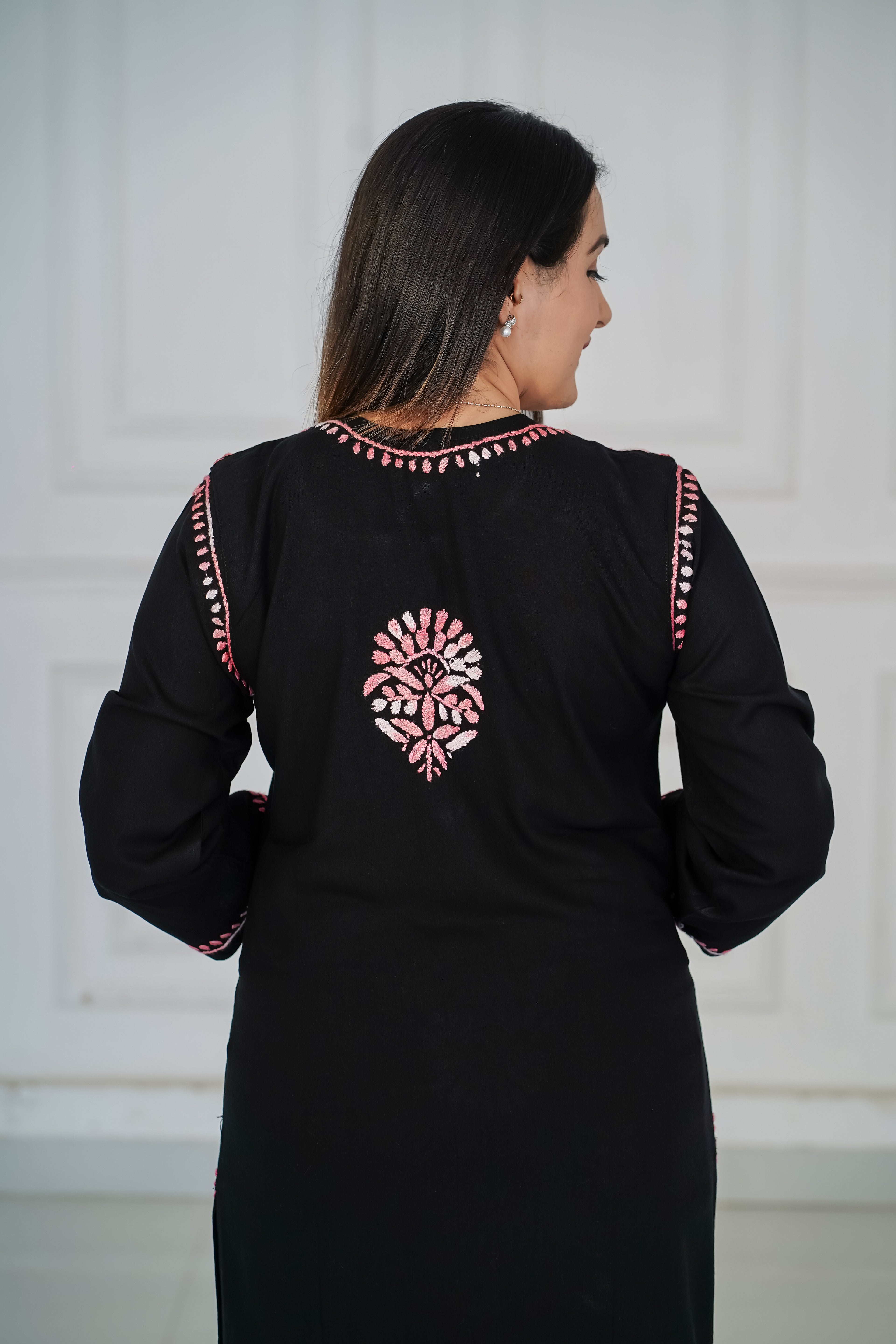 Rayon Black Long Kurti with Pink Chikankari