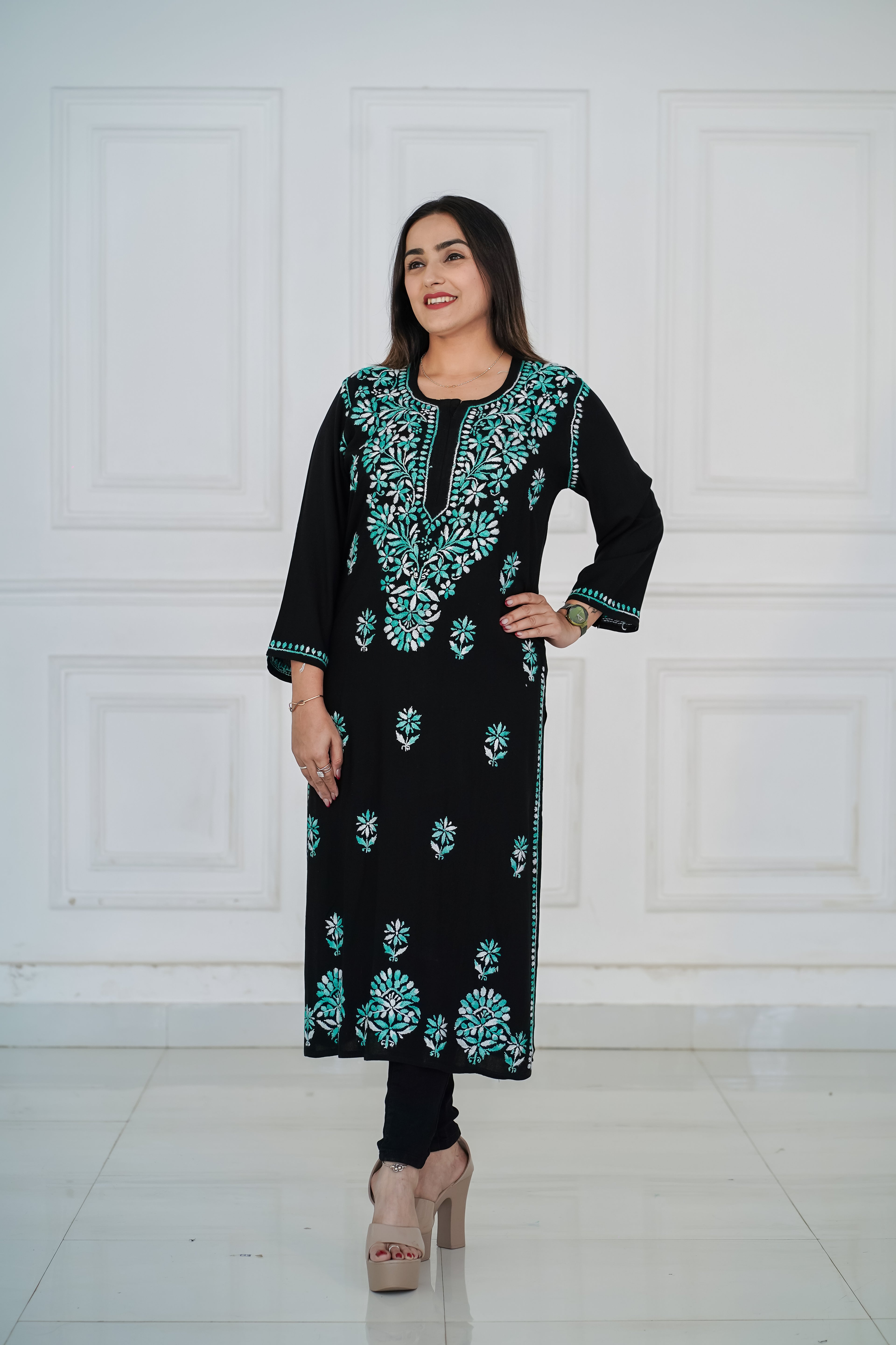 Rayon Black Long Kurti with Green Chikankari
