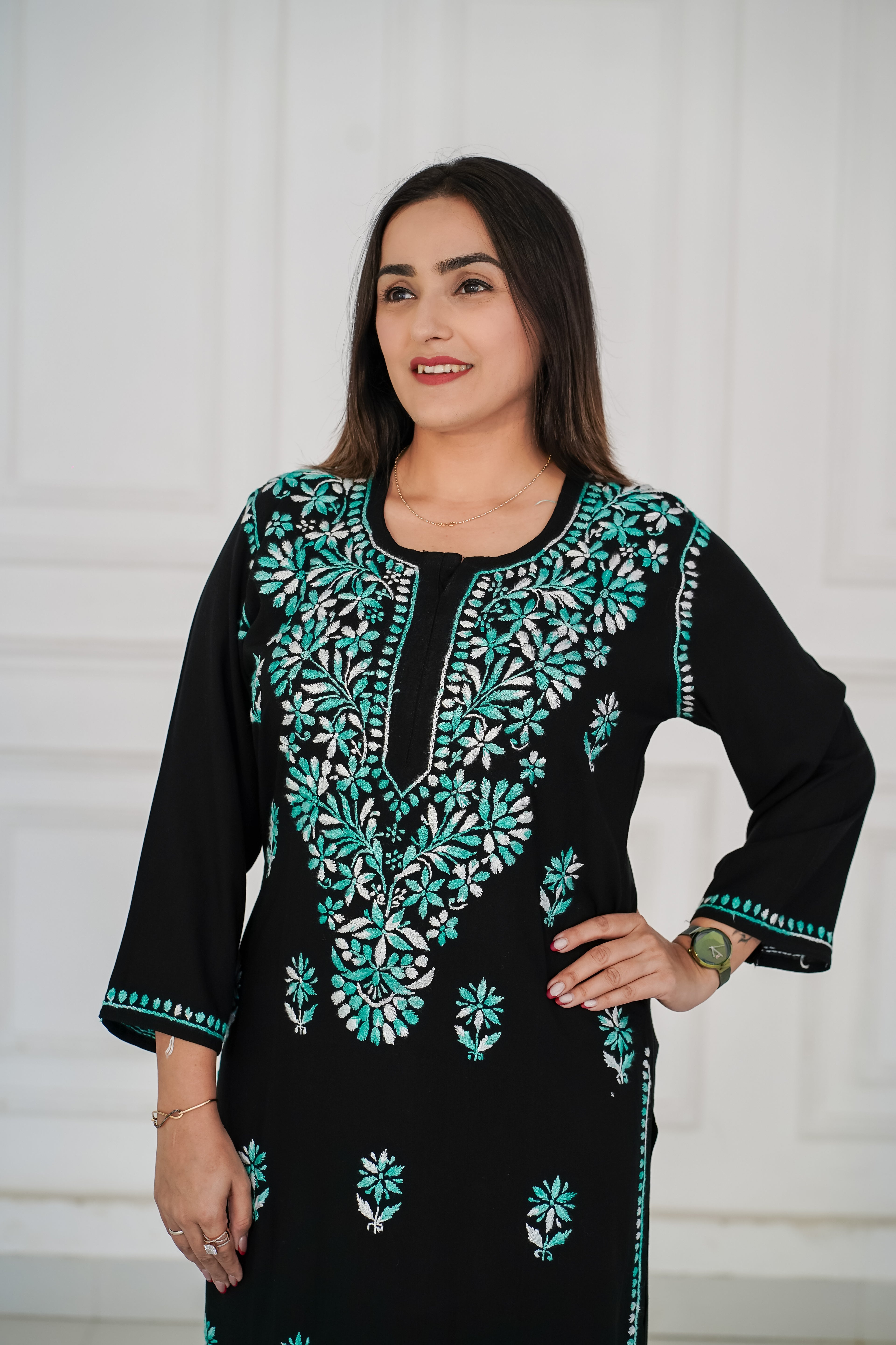 Rayon Black Long Kurti with Green Chikankari