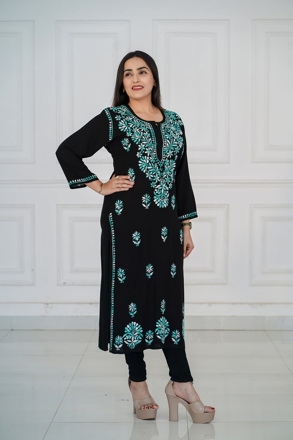 Rayon Black Long Kurti with Green Chikankari