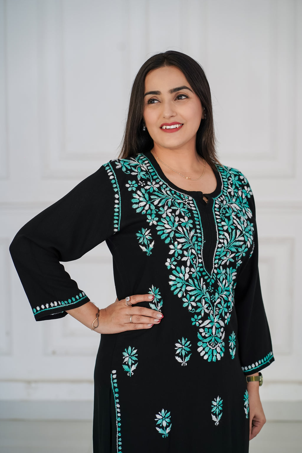 Rayon Black Long Kurti with Green Chikankari