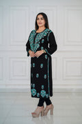 Rayon Black Long Kurti with Green Chikankari