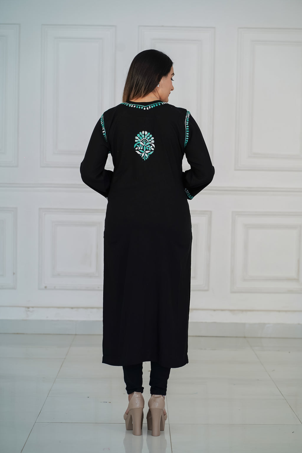 Rayon Black Long Kurti with Green Chikankari