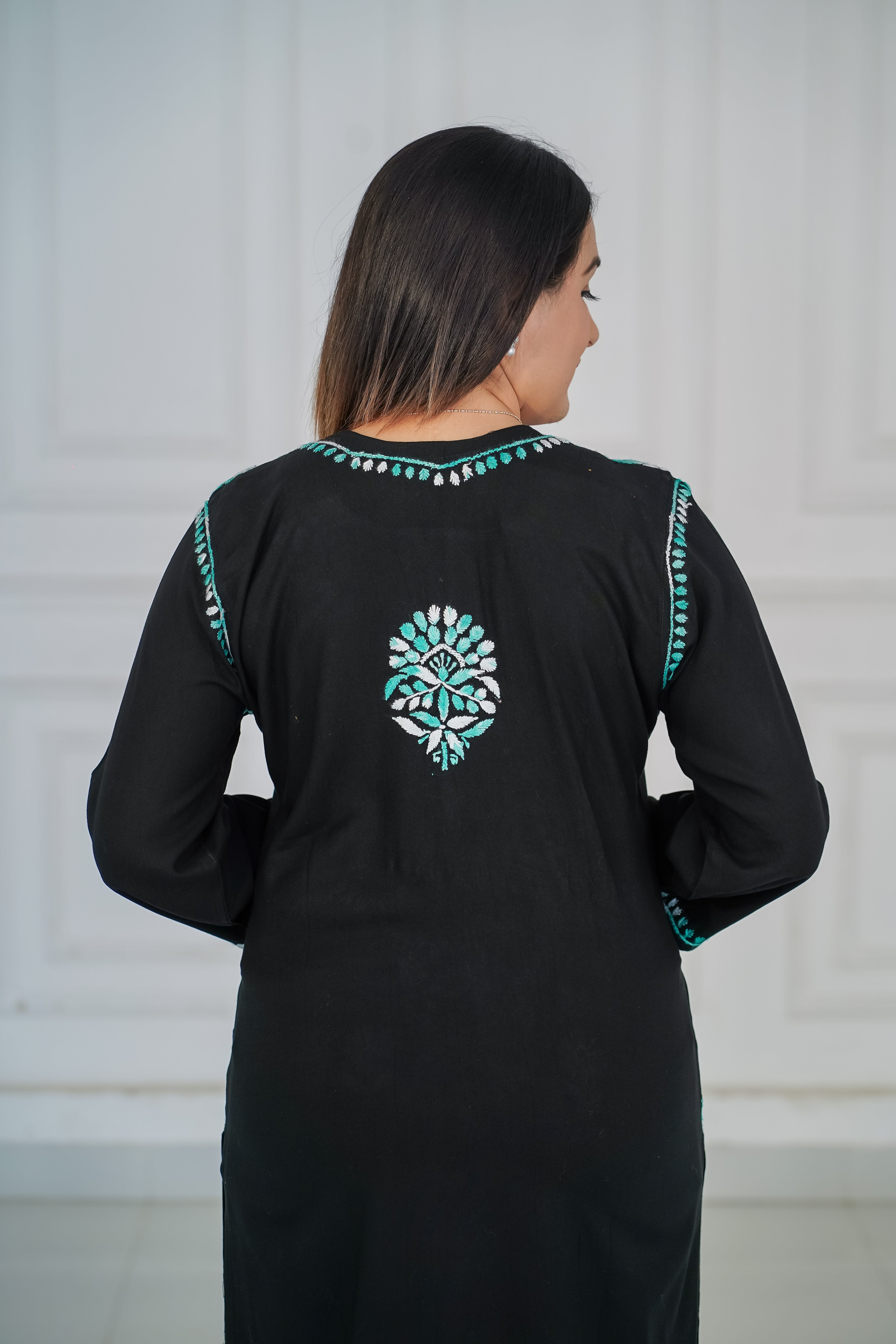 Rayon Black Long Kurti with Green Chikankari