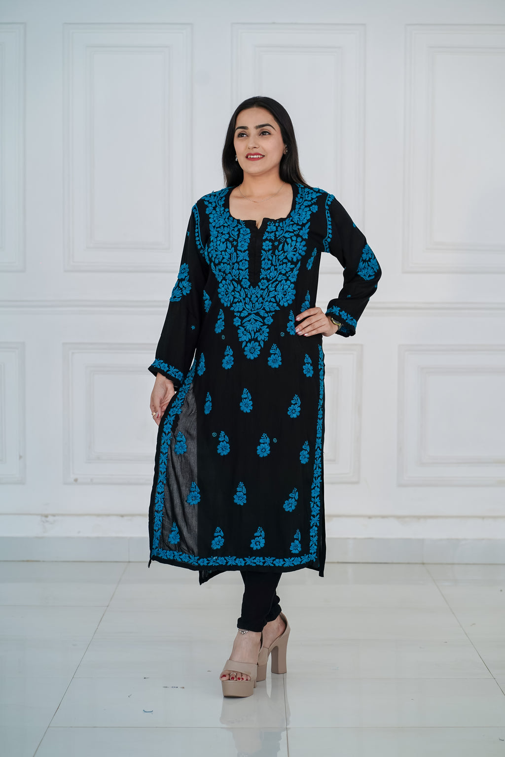 Rayon Black Long Kurti with Blue Chikankari