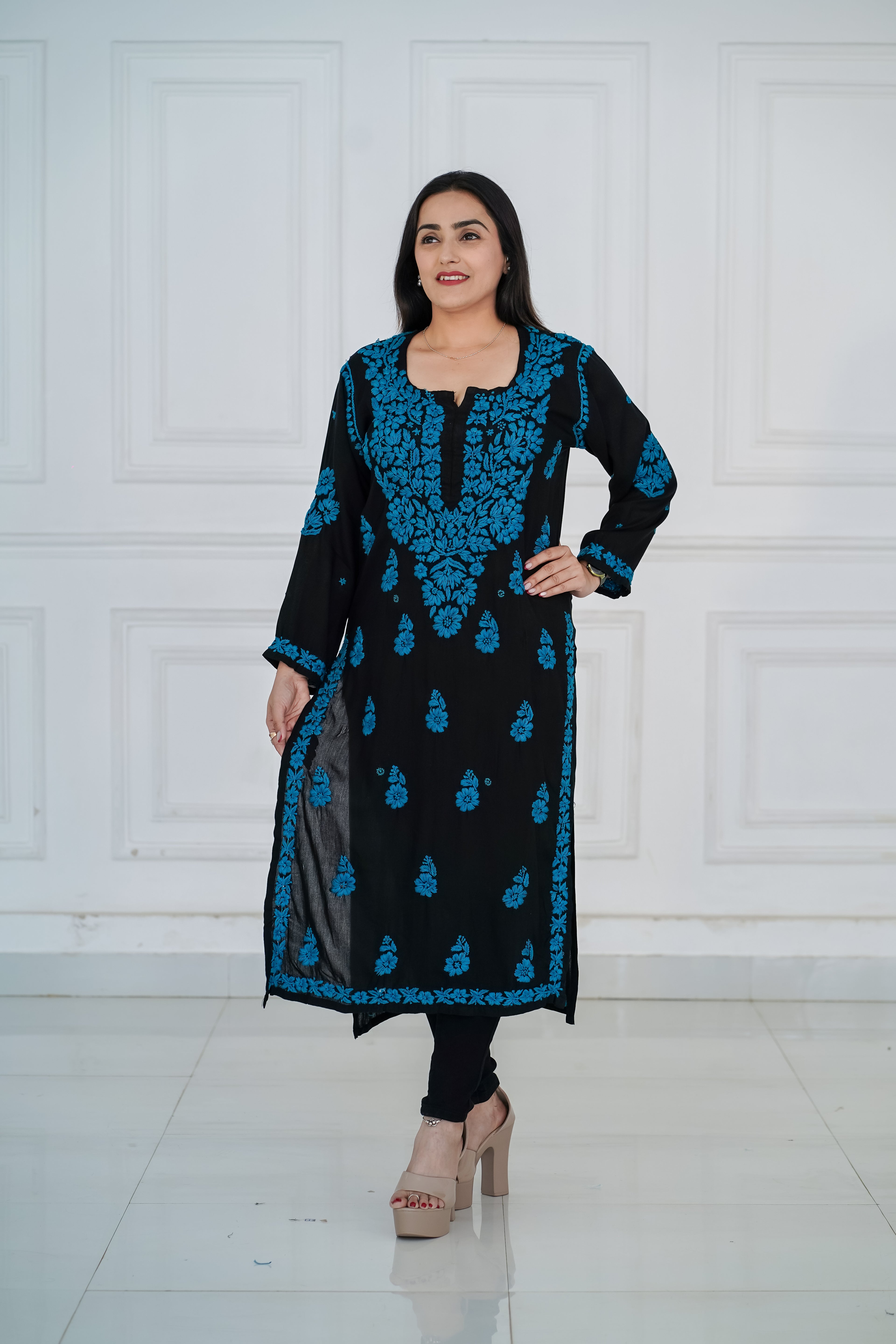 Rayon Black Long Kurti with Blue Chikankari