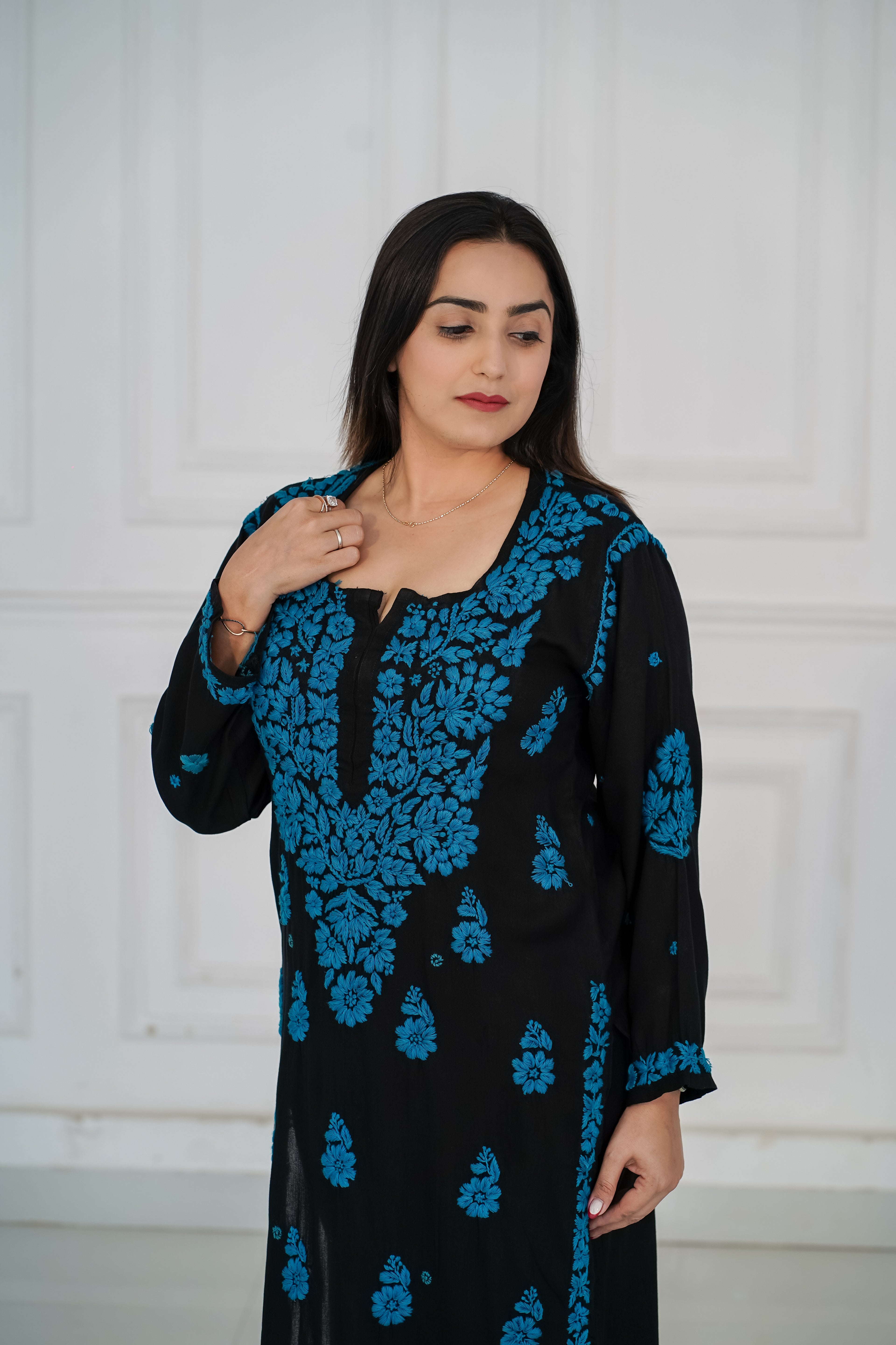 Rayon Black Long Kurti with Blue Chikankari
