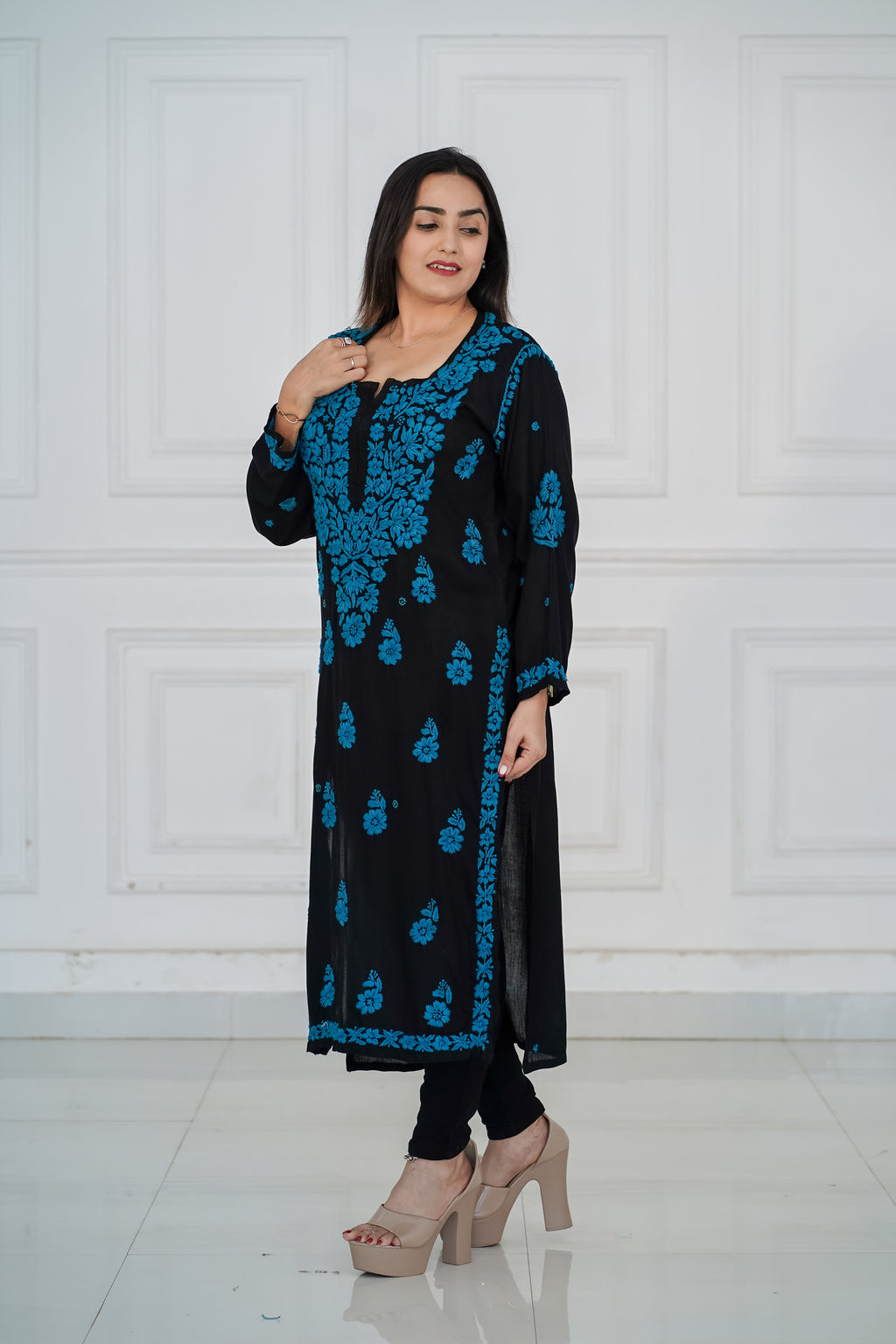Rayon Black Long Kurti with Blue Chikankari