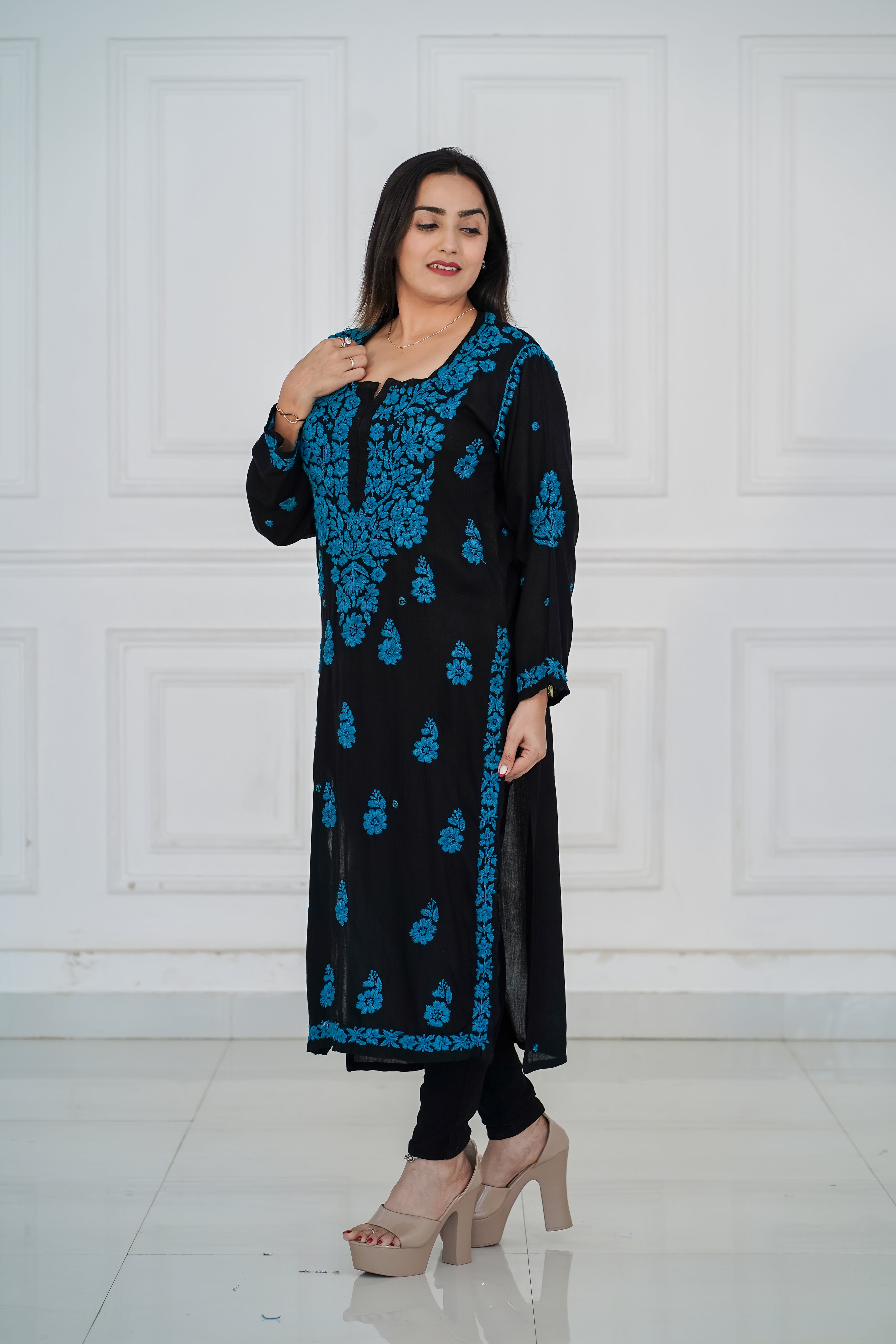 Rayon Black Long Kurti with Blue Chikankari