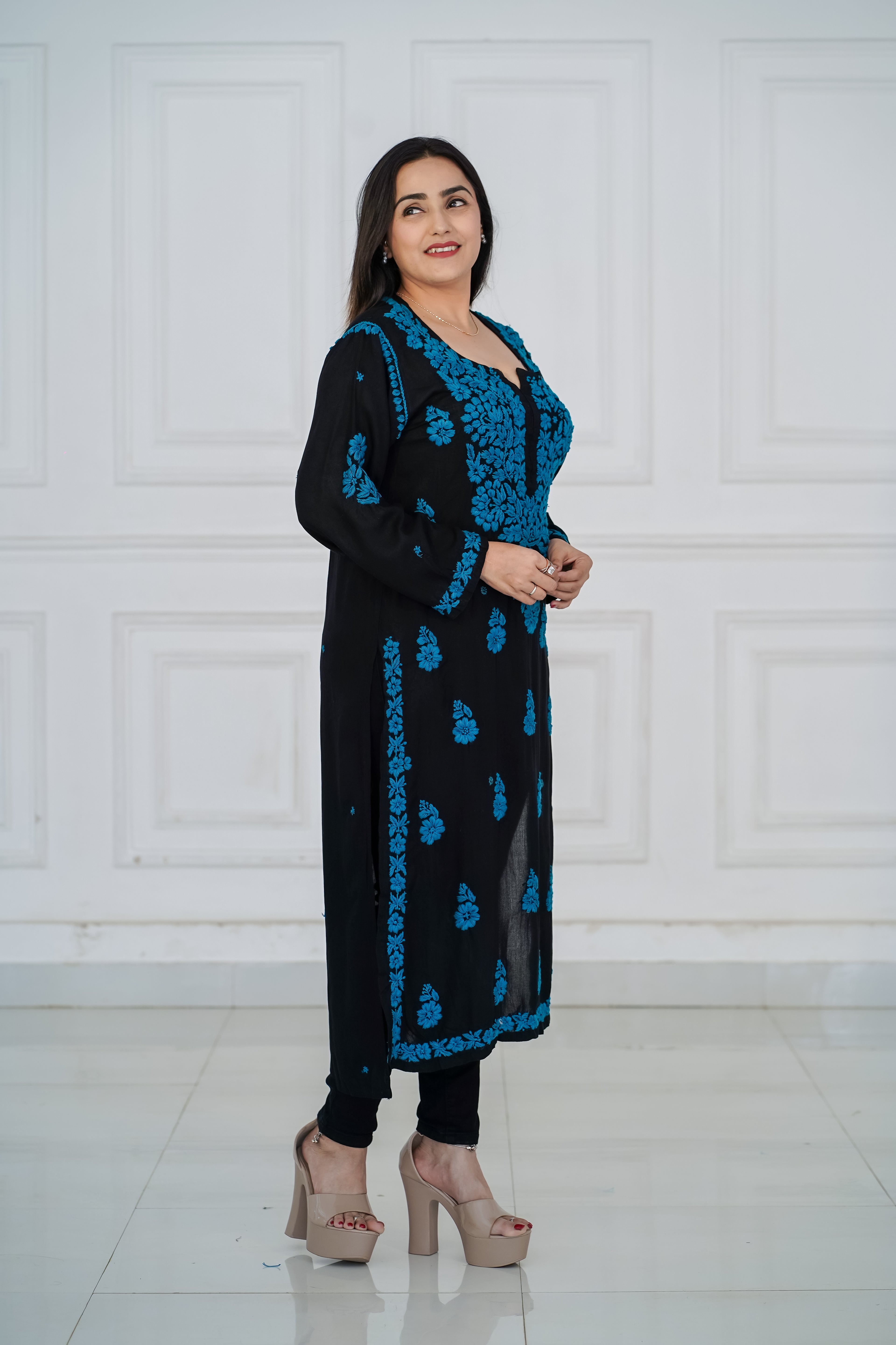 Rayon Black Long Kurti with Blue Chikankari