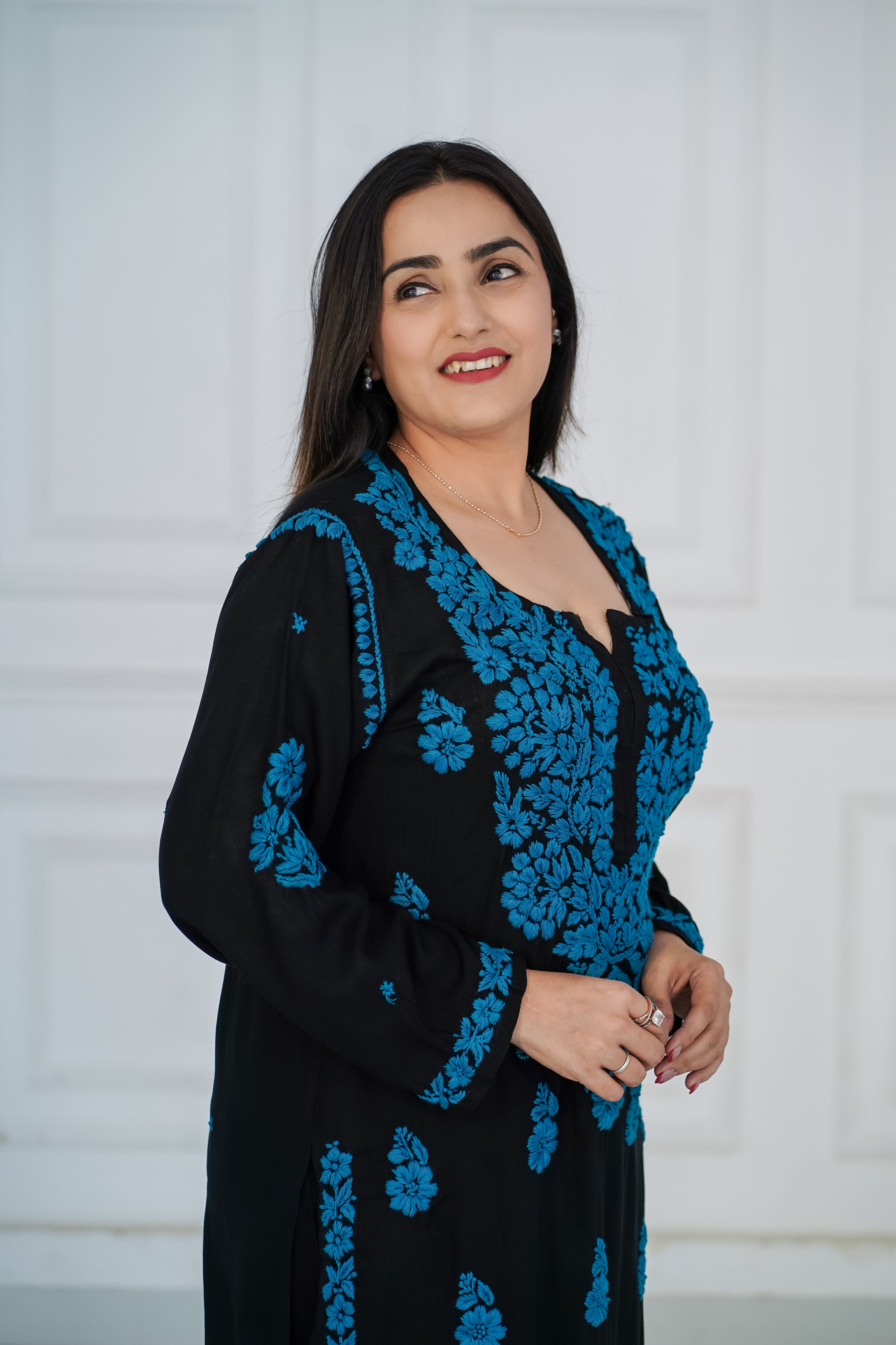 Rayon Black Long Kurti with Blue Chikankari
