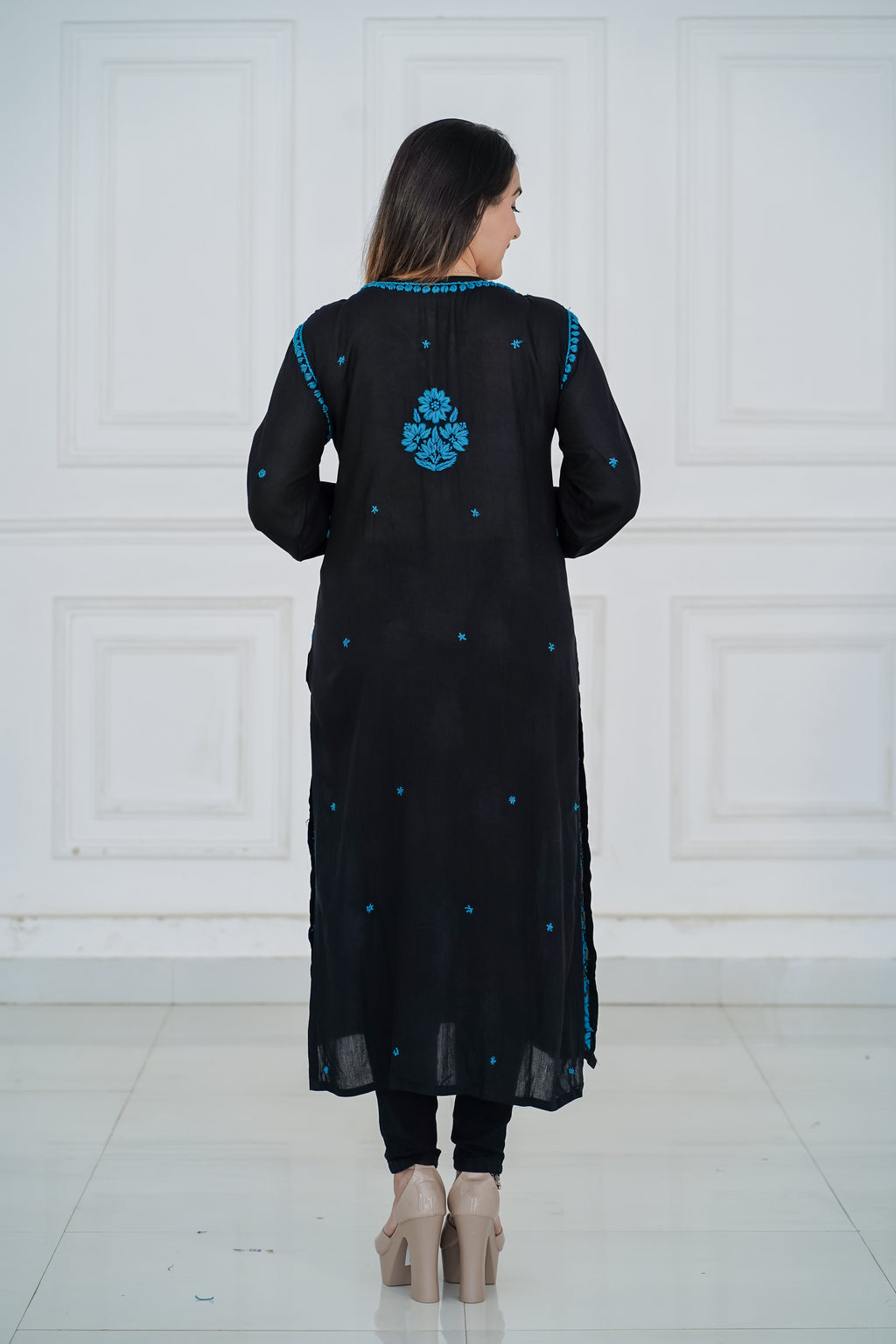 Rayon Black Long Kurti with Blue Chikankari