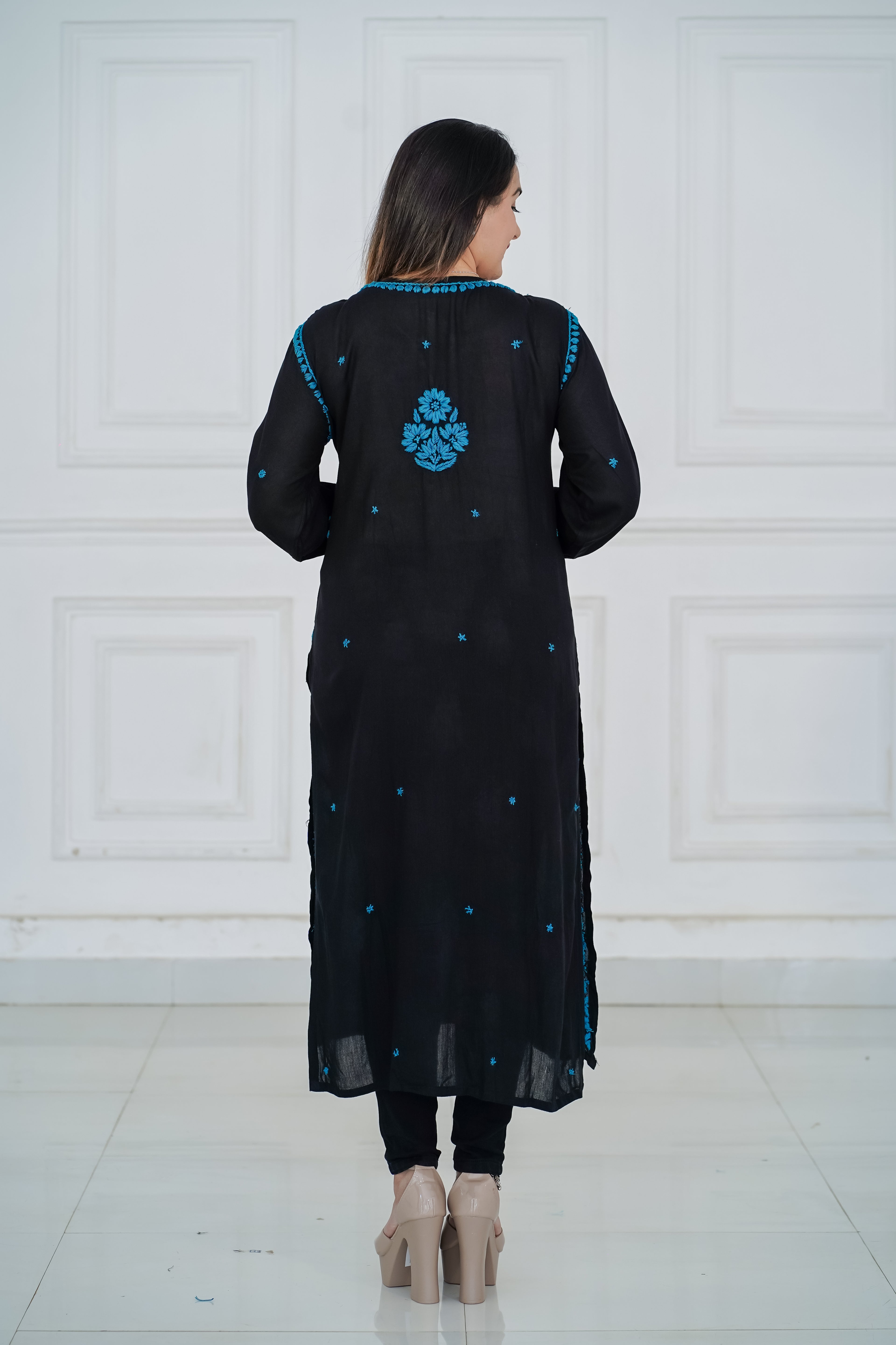 Rayon Black Long Kurti with Blue Chikankari