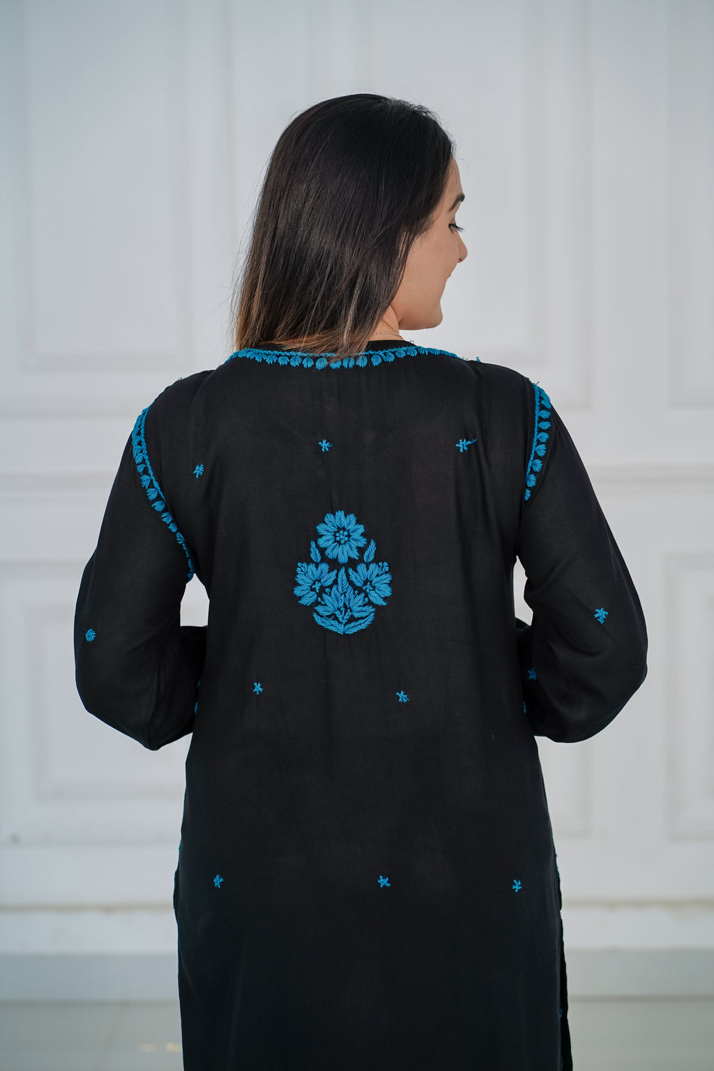 Rayon Black Long Kurti with Blue Chikankari