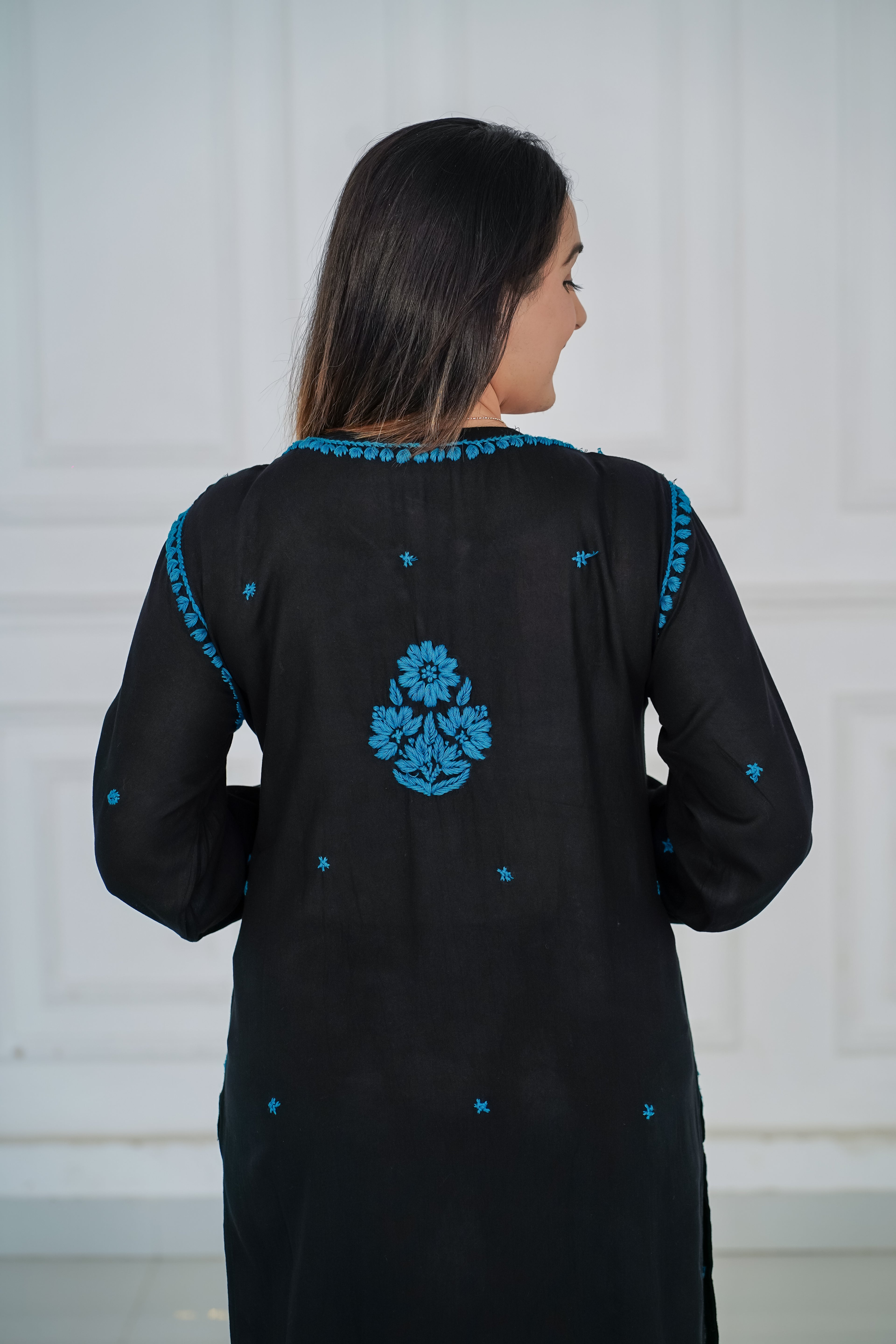 Rayon Black Long Kurti with Blue Chikankari