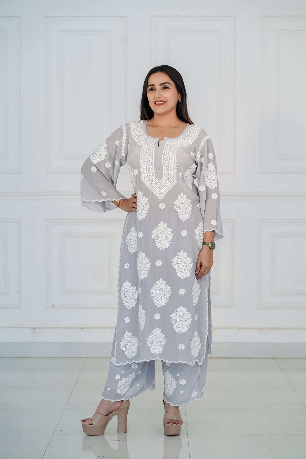 Pure Crepe 3D Chikankari Plazzo Set