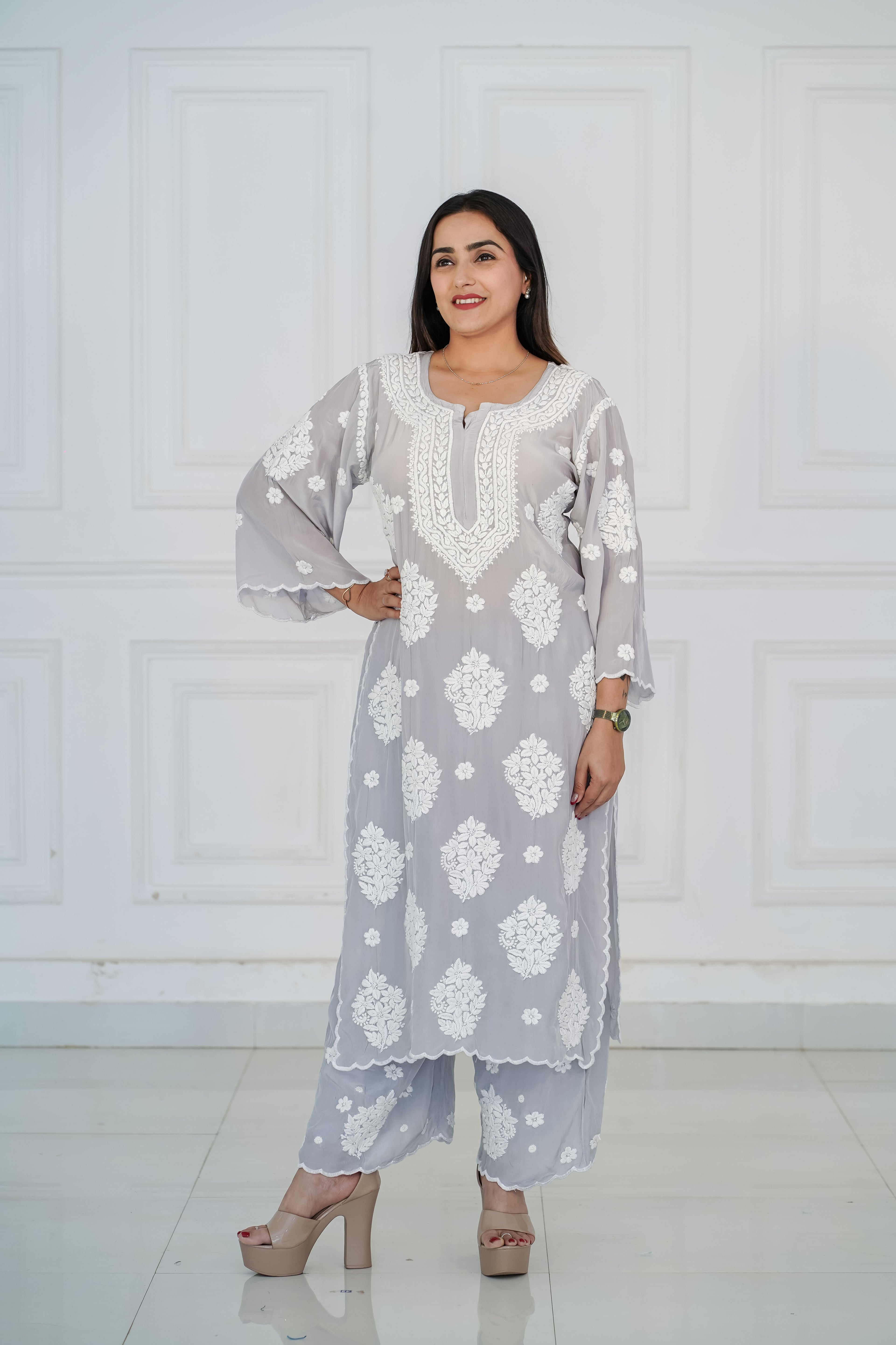 Pure Crepe 3D Chikankari Plazzo Set