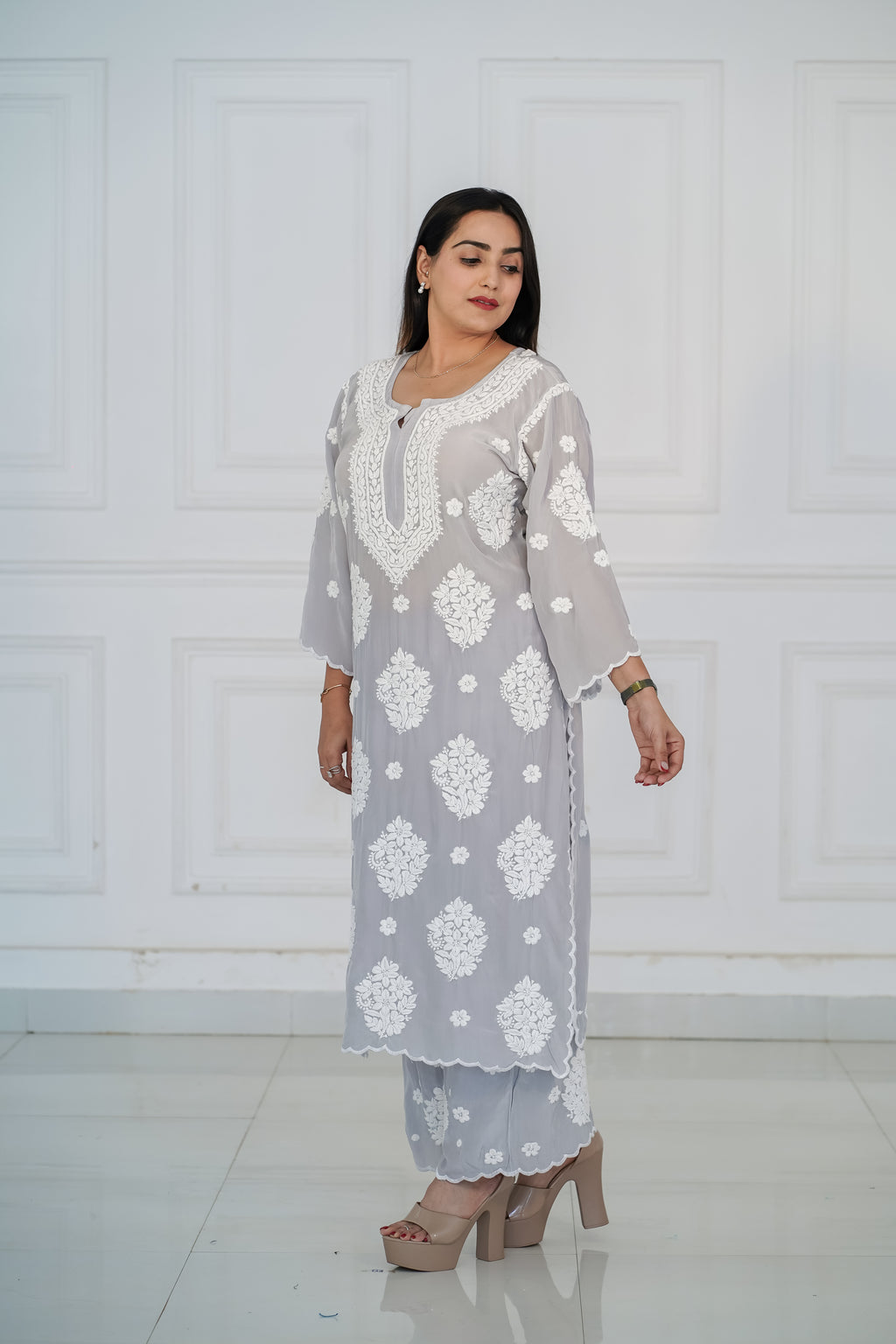 Pure Crepe 3D Chikankari Plazzo Set