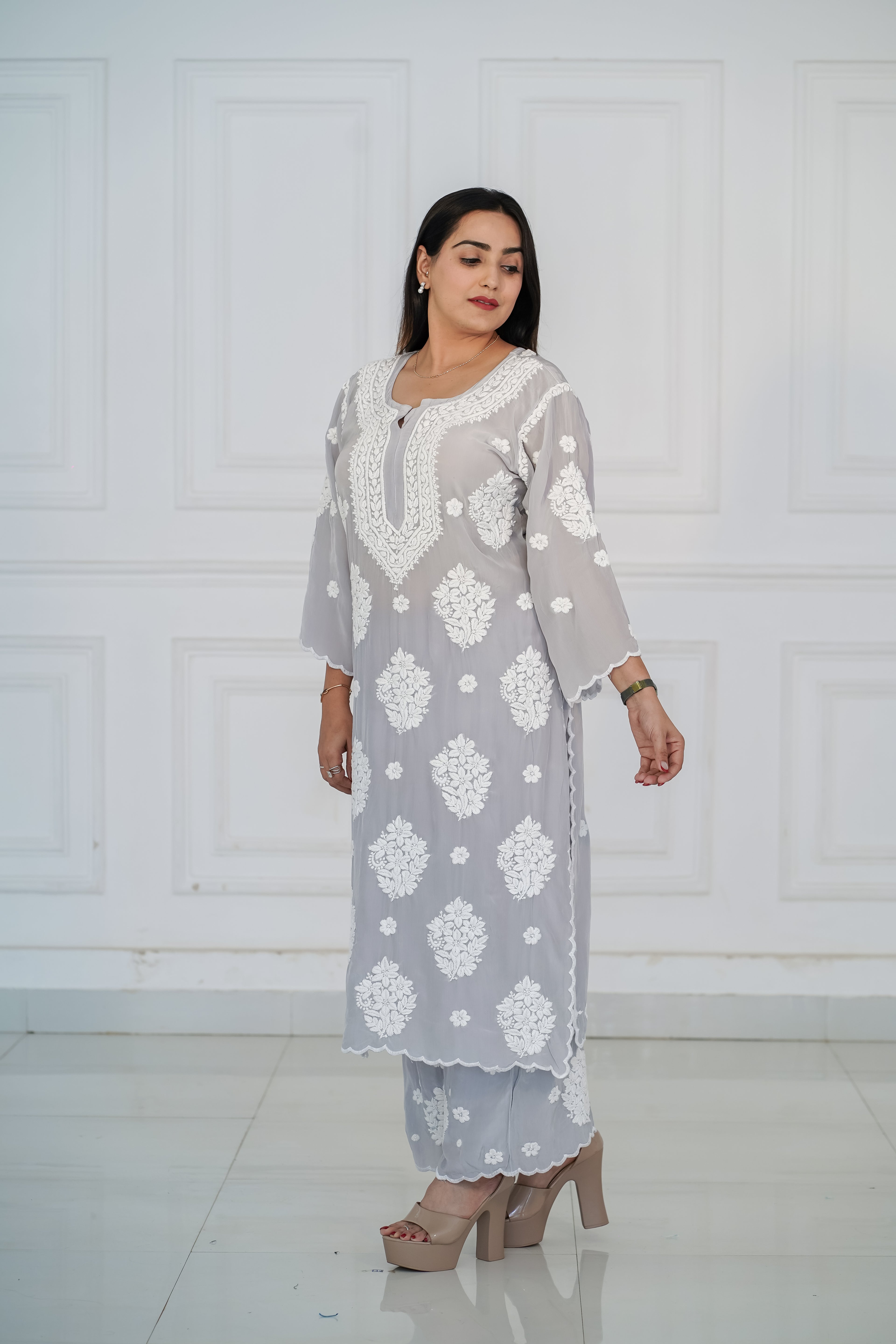 Pure Crepe 3D Chikankari Plazzo Set