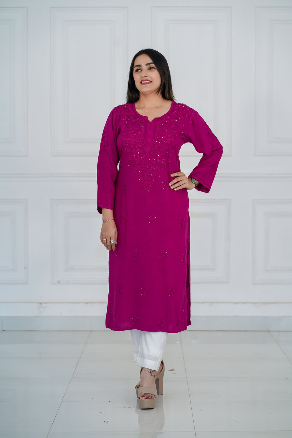 Rani Pink Long Chikankari Kurti